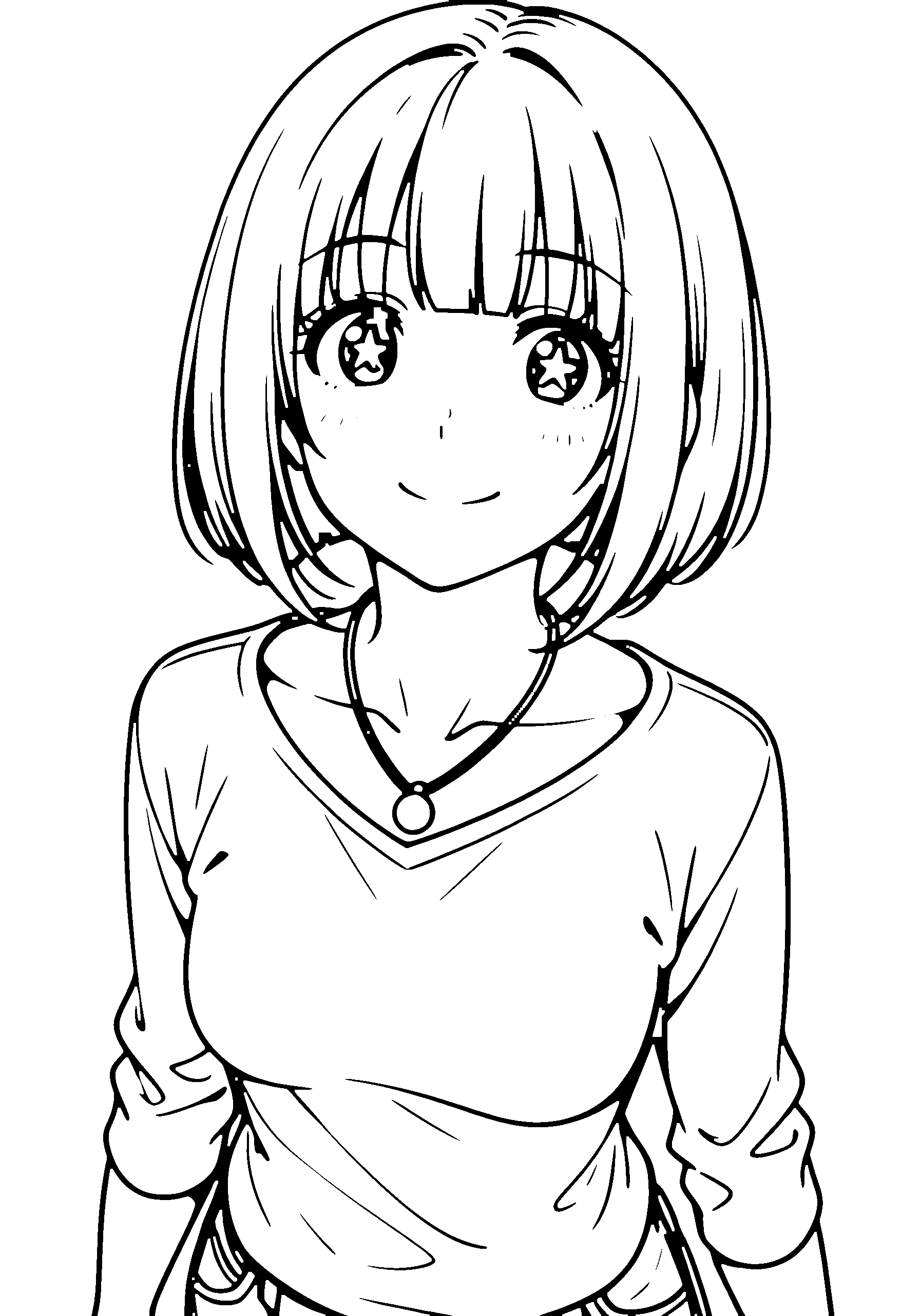 Black and white line art coloring page of an anime girl with bob cut, shirt, necklace and smiling