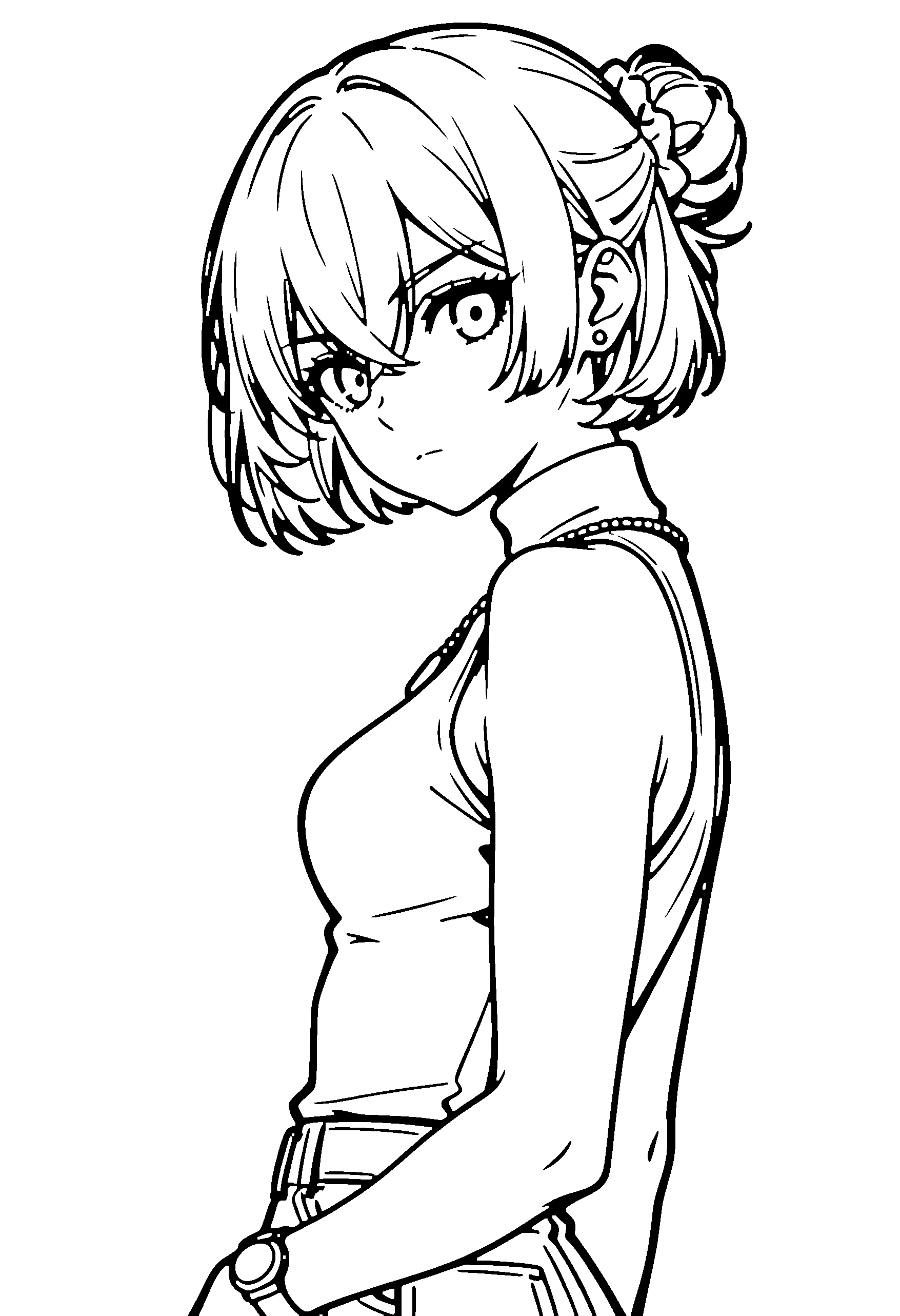 Black and white line art coloring page of an anime girl with bob cut, hair bun, turtleneck, necklace and serious