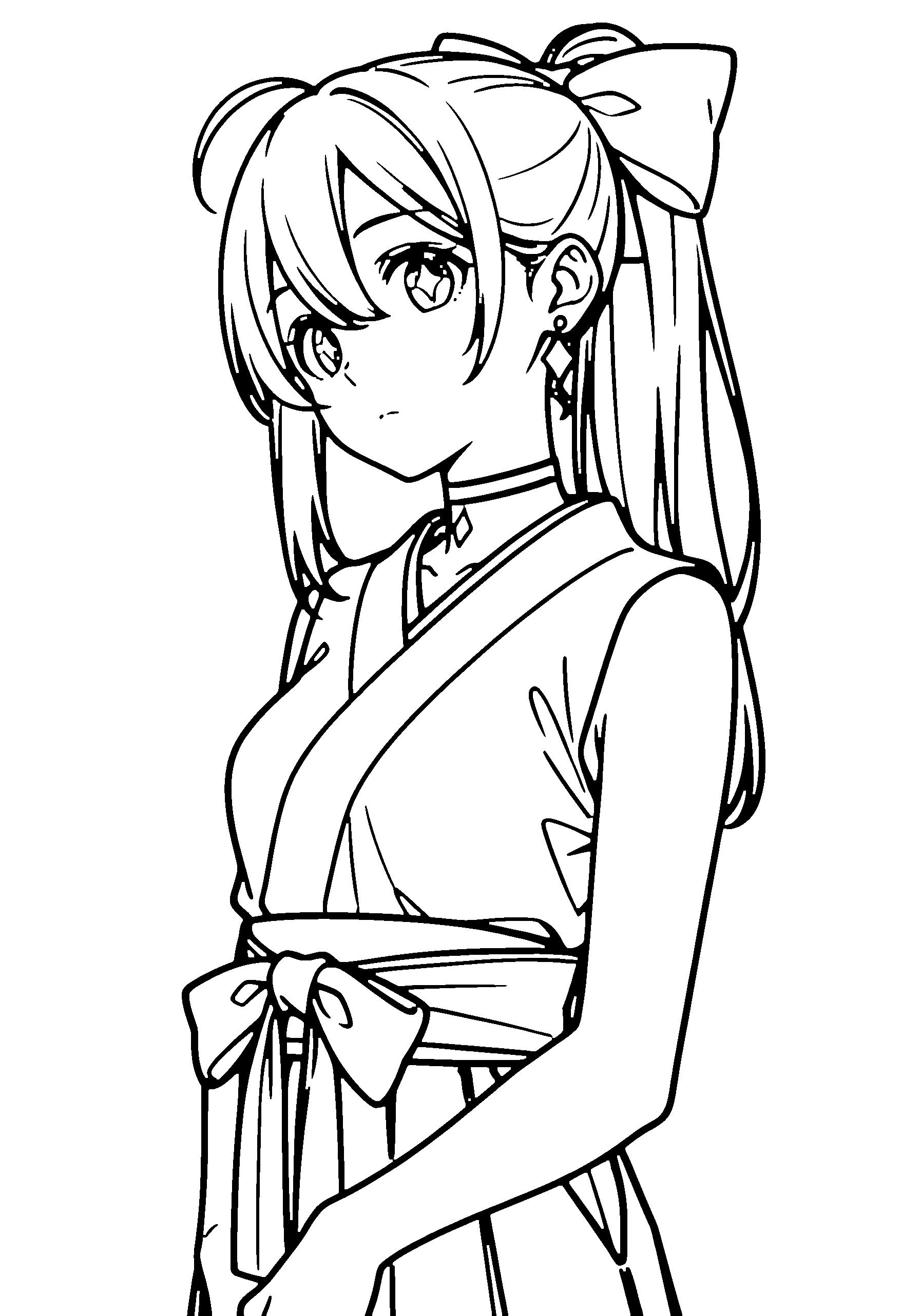 Black and white line art coloring page of an anime girl with long hair, ponytail, kimono, choker and frowning