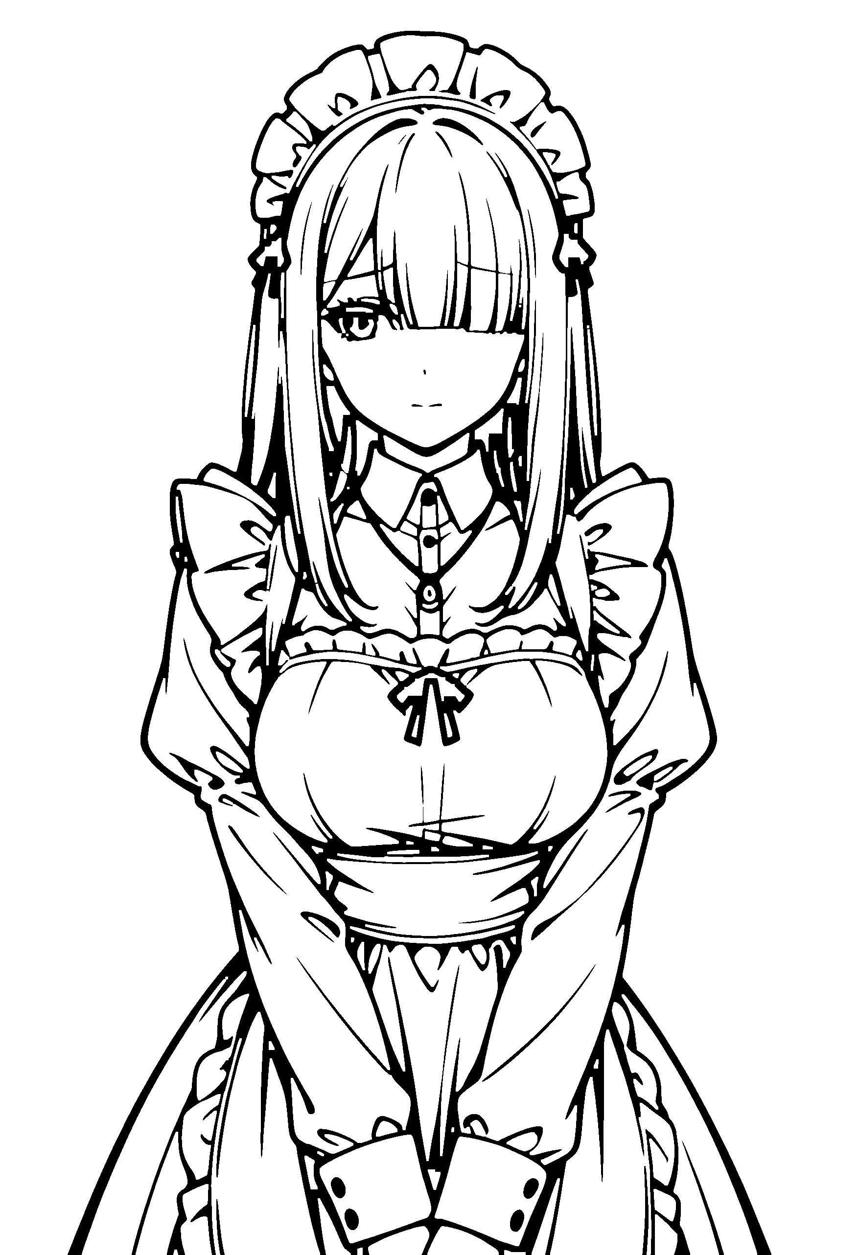 Black and white line art coloring page of an anime girl with maid outfit, long hair, dress, necklace and shy