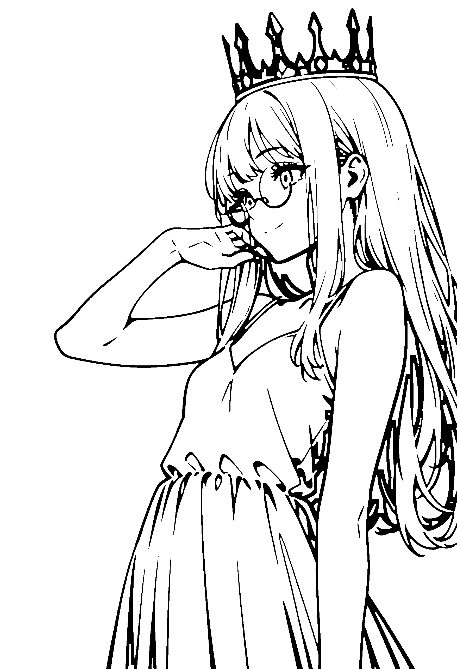 Black and white line art coloring page of an anime girl with princess dress, long hair, dress, crown, glasses and smiling
