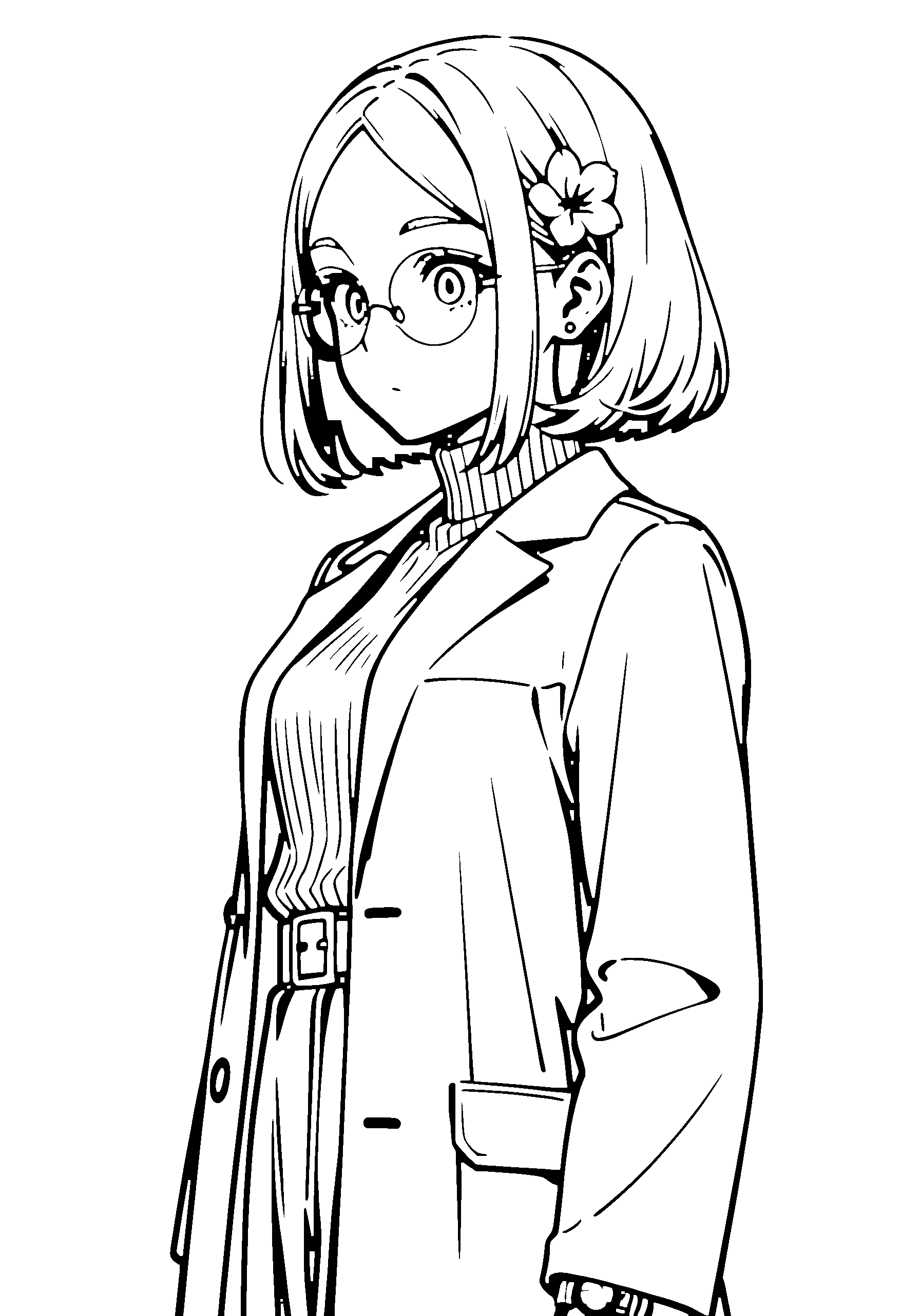 Black and white line art coloring page of an anime girl with bob cut, coat, hair flower, glasses and surprised