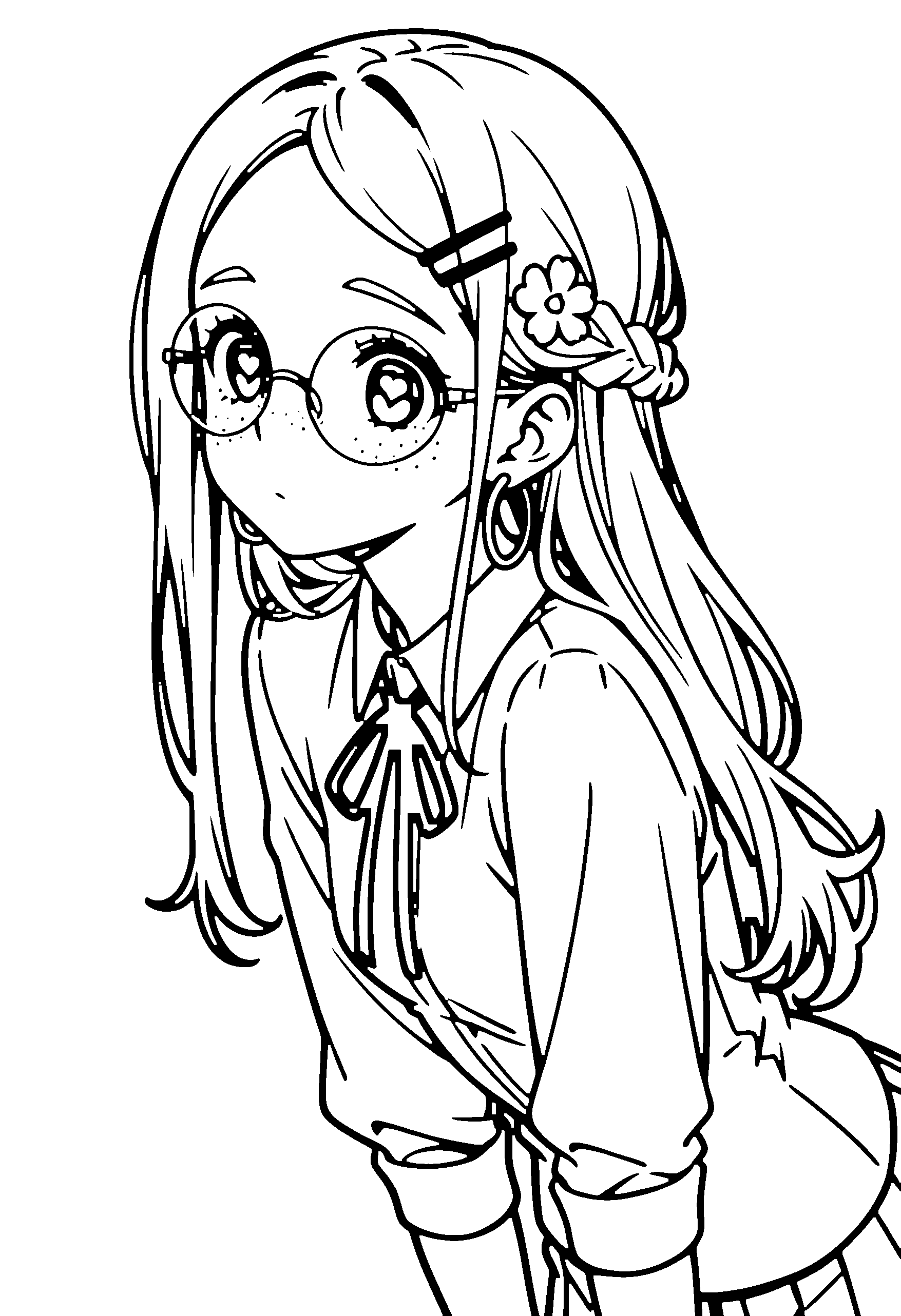Black and white line art coloring page of an anime girl with long hair, braid, shirt, hair flower, glasses, ribbon and shy