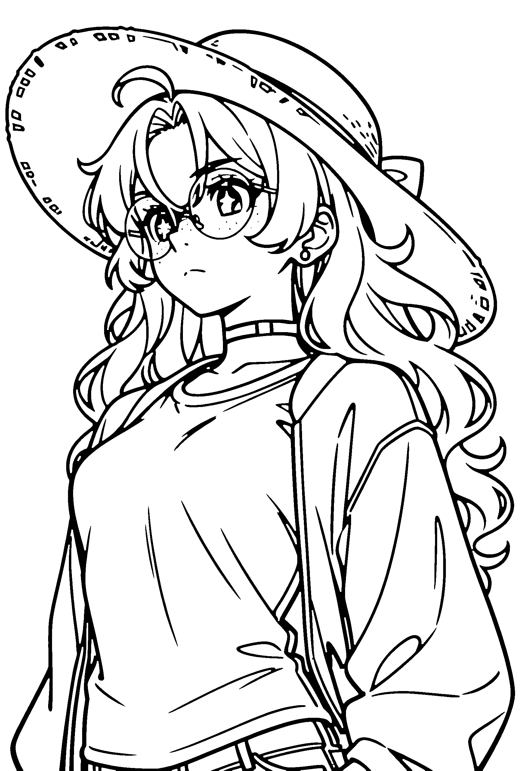 Black and white line art coloring page of an anime girl with long hair, wavy hair, jacket, sun hat, glasses, choker and frowning