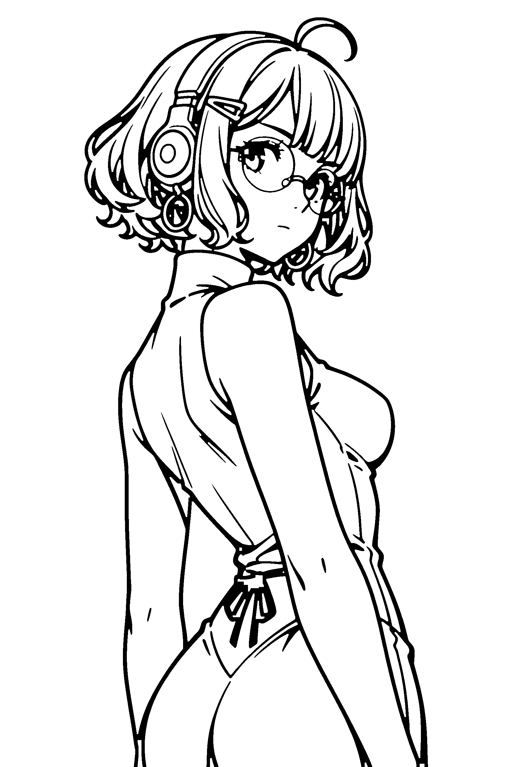 Black and white line art coloring page of an anime girl with bob cut, wavy hair, turtleneck, headphones, glasses and serious