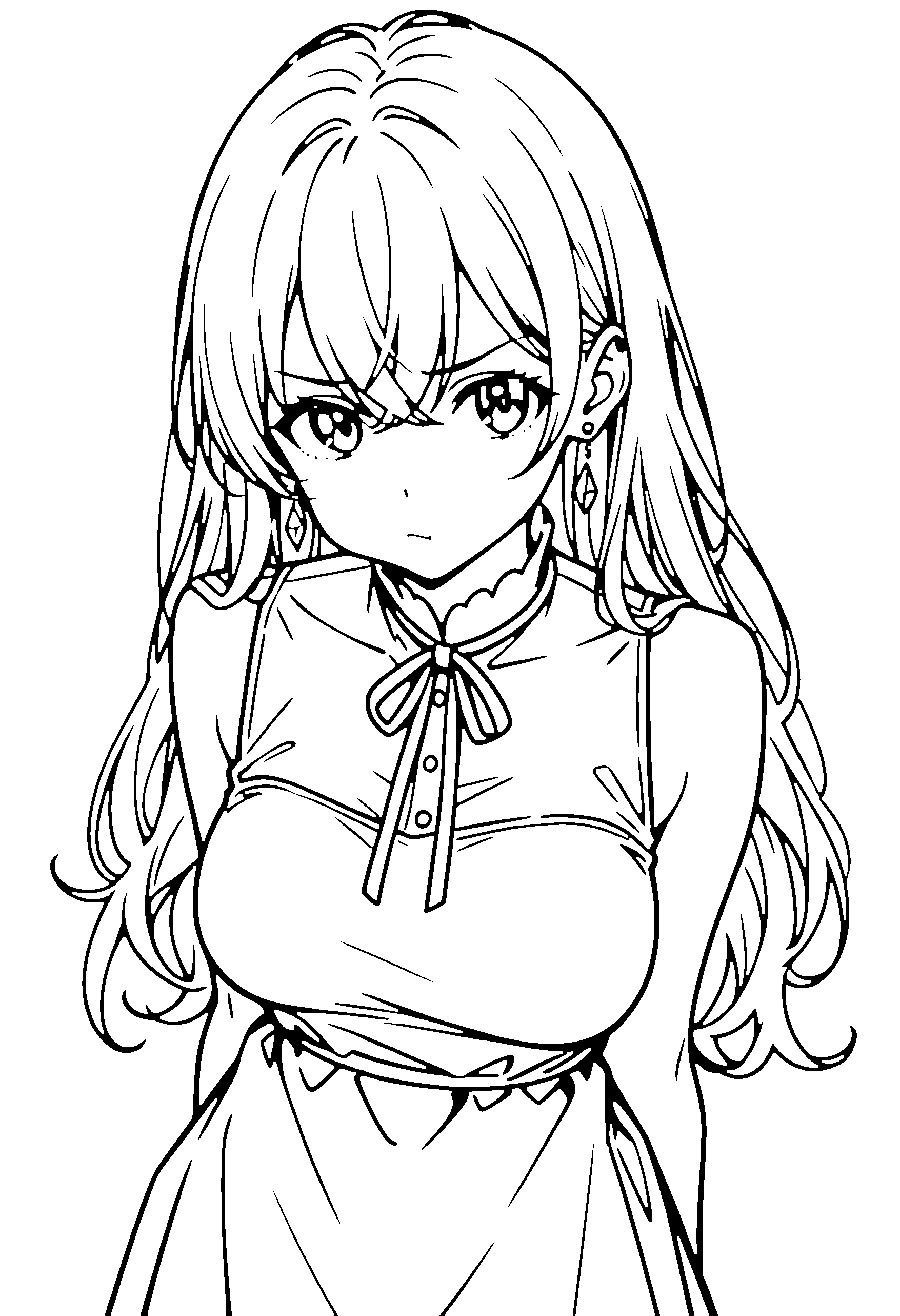 Black and white line art coloring page of an anime girl with long hair, dress, ribbon and frowning