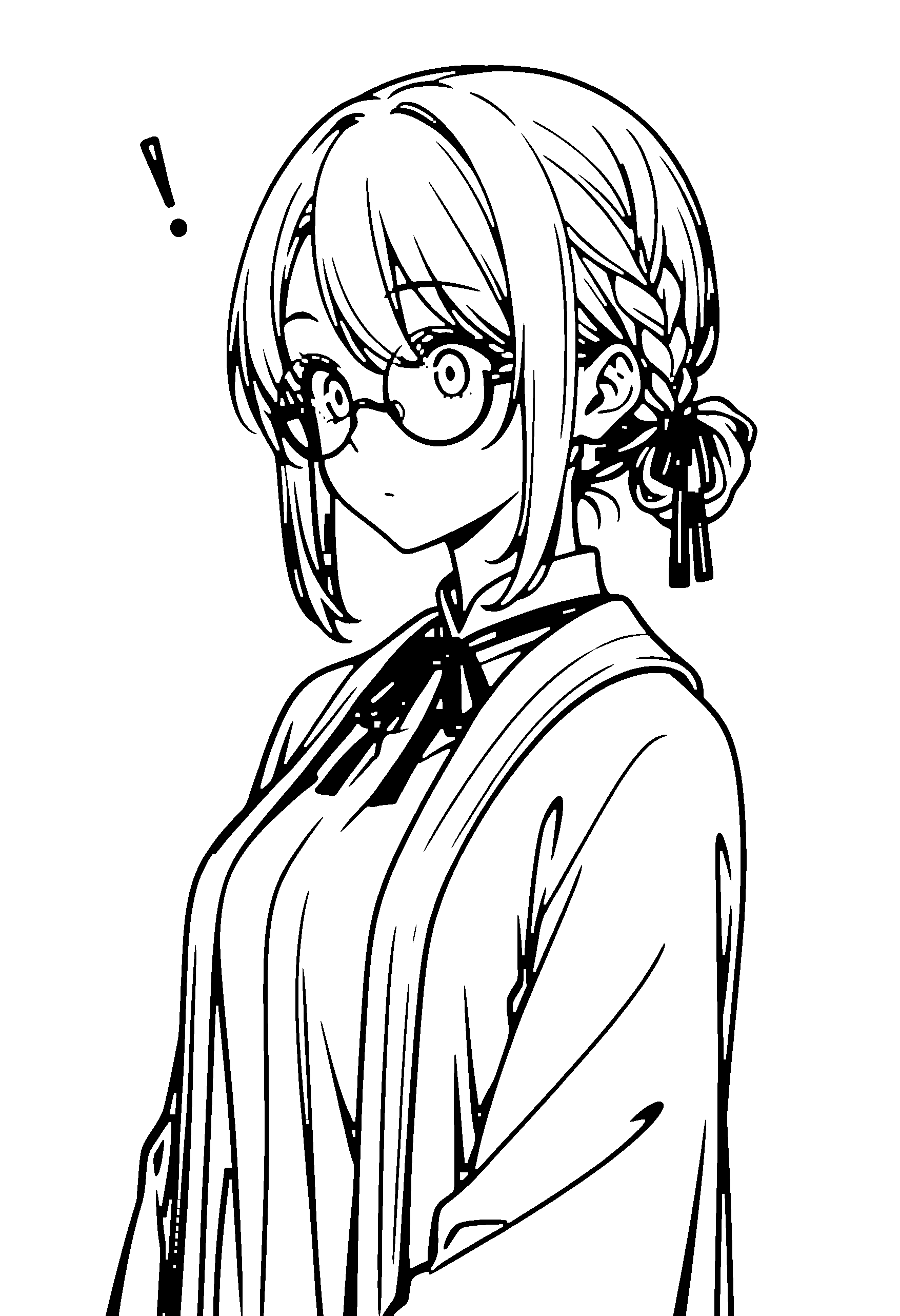 Black and white line art coloring page of an anime girl with medium hair, braid, robe, glasses, ribbon and surprised