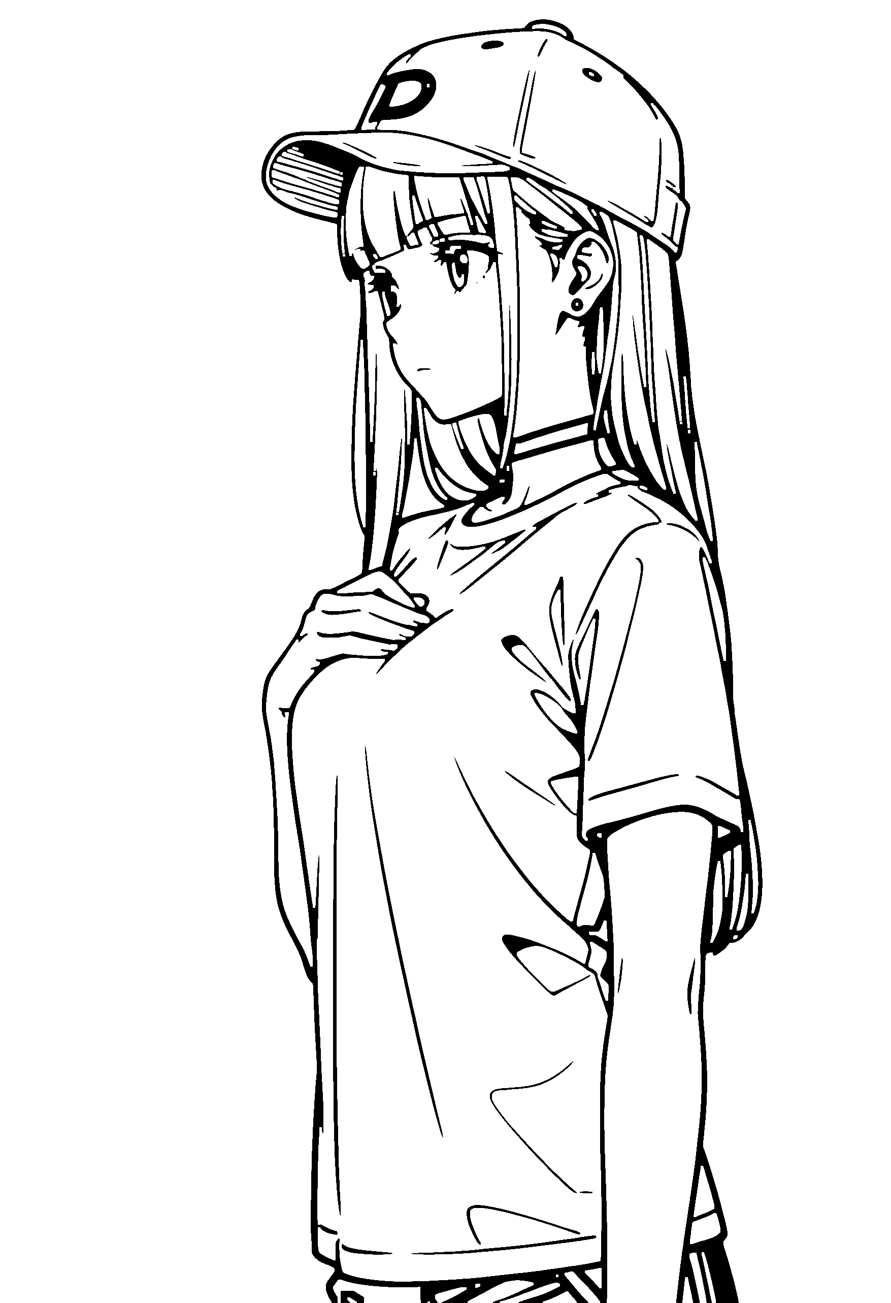 Black and white line art coloring page of an anime girl with long hair, t-shirt, cap, choker and serious