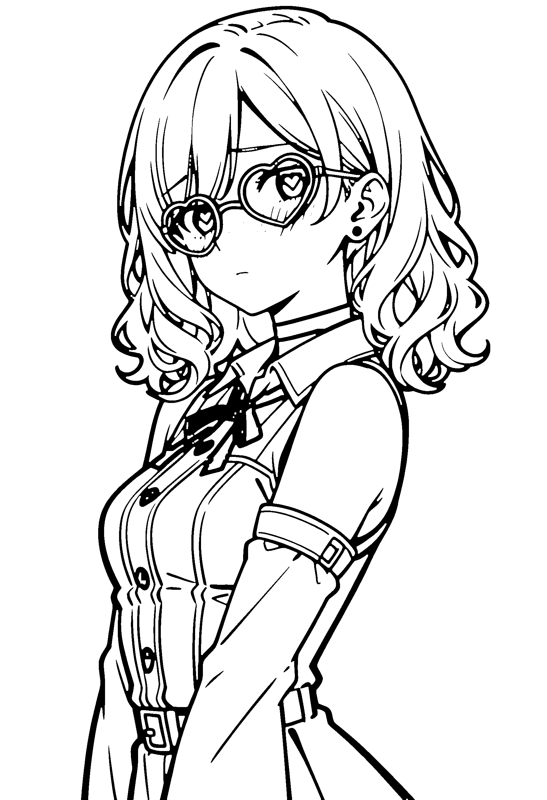 Black and white line art coloring page of an anime girl with medium hair, wavy hair, collared shirt, glasses, choker and shy