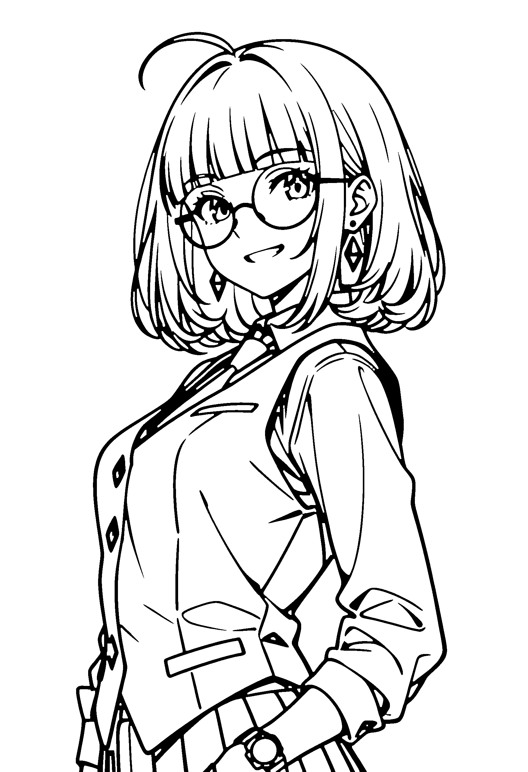 Black and white line art coloring page of an anime girl with medium hair, vest, glasses and grinning
