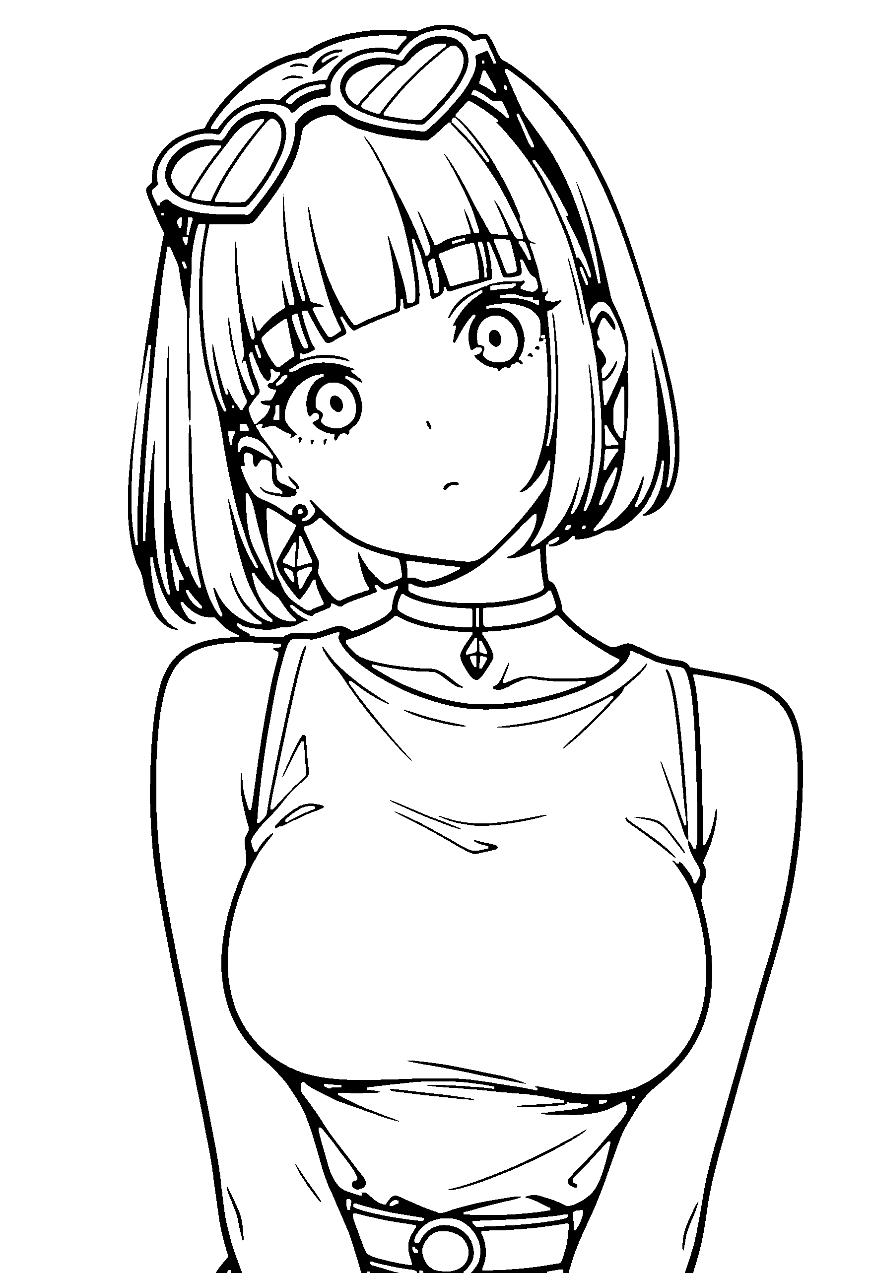 Black and white line art coloring page of an anime girl with bob cut, hair bun, shirt, headband, glasses, choker and surprised