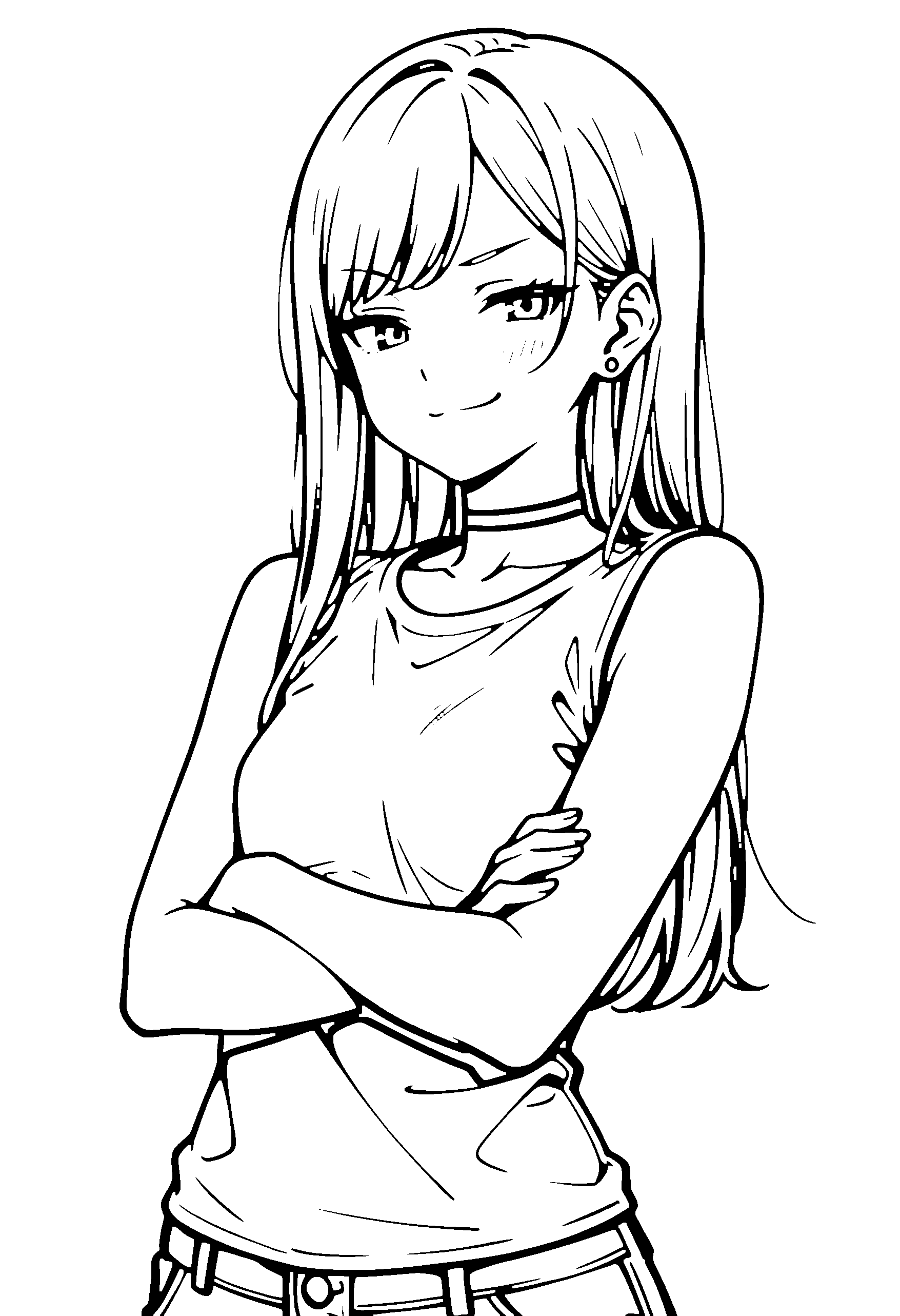 Black and white line art coloring page of an anime girl with long hair, t-shirt, choker and smiling