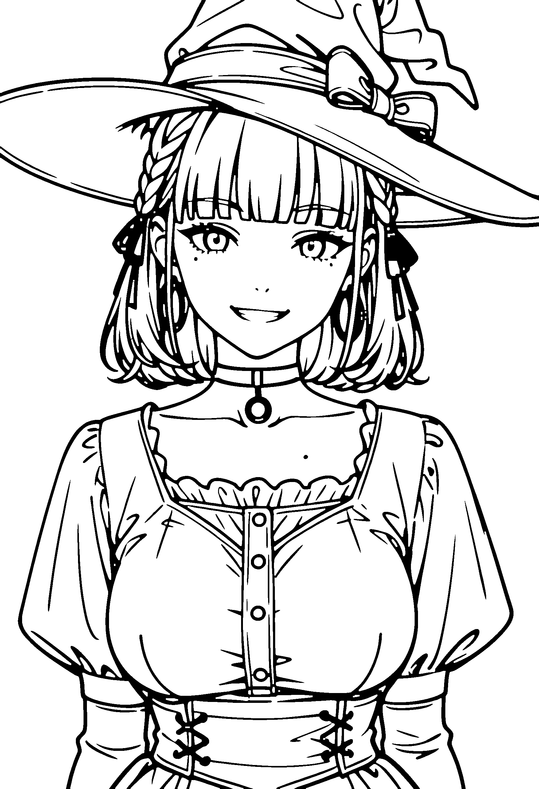 Black and white line art coloring page of an anime girl with witch outfit, medium hair, braid, dress, choker and grinning