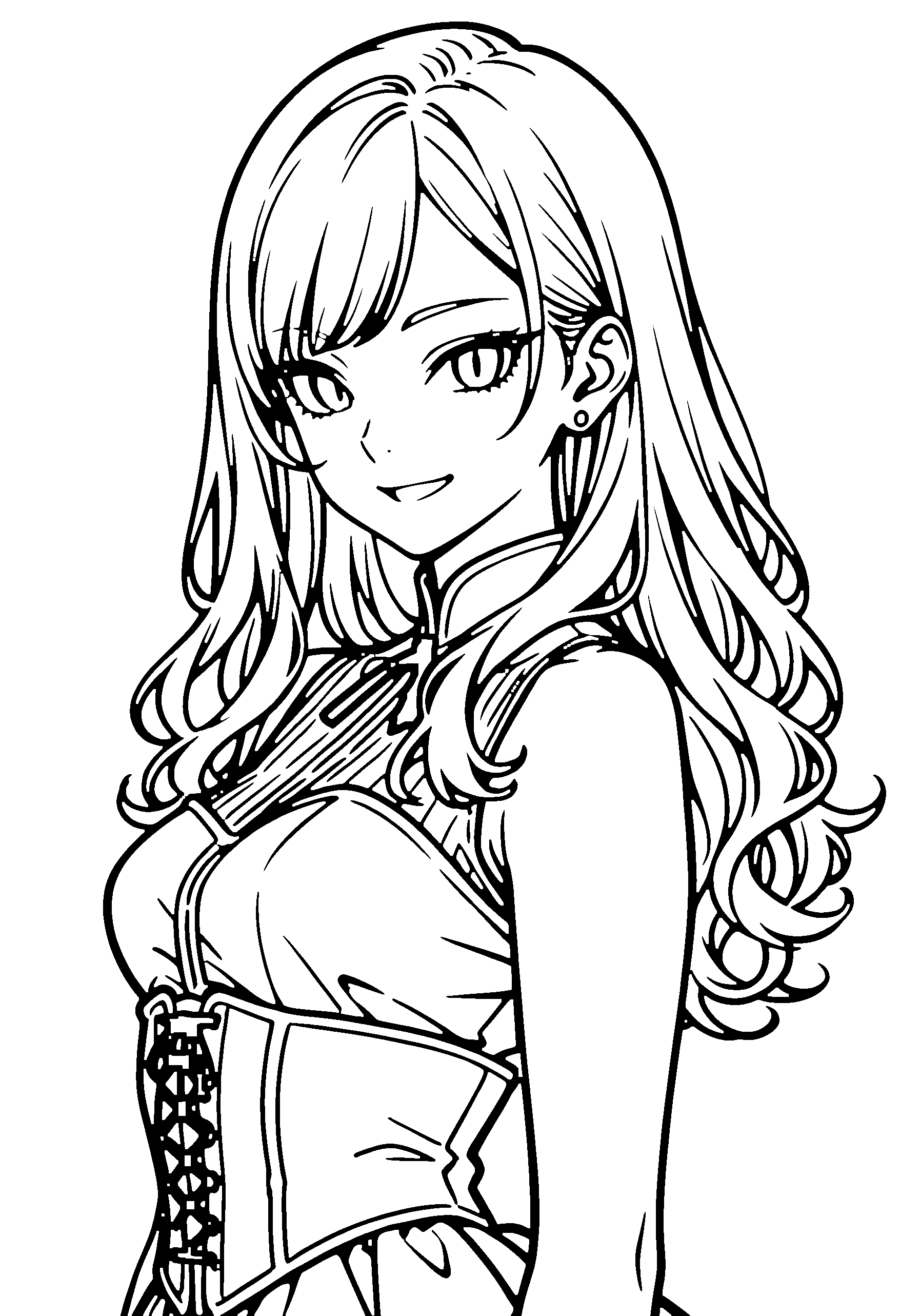 Black and white line art coloring page of an anime girl with long hair, corset and smiling