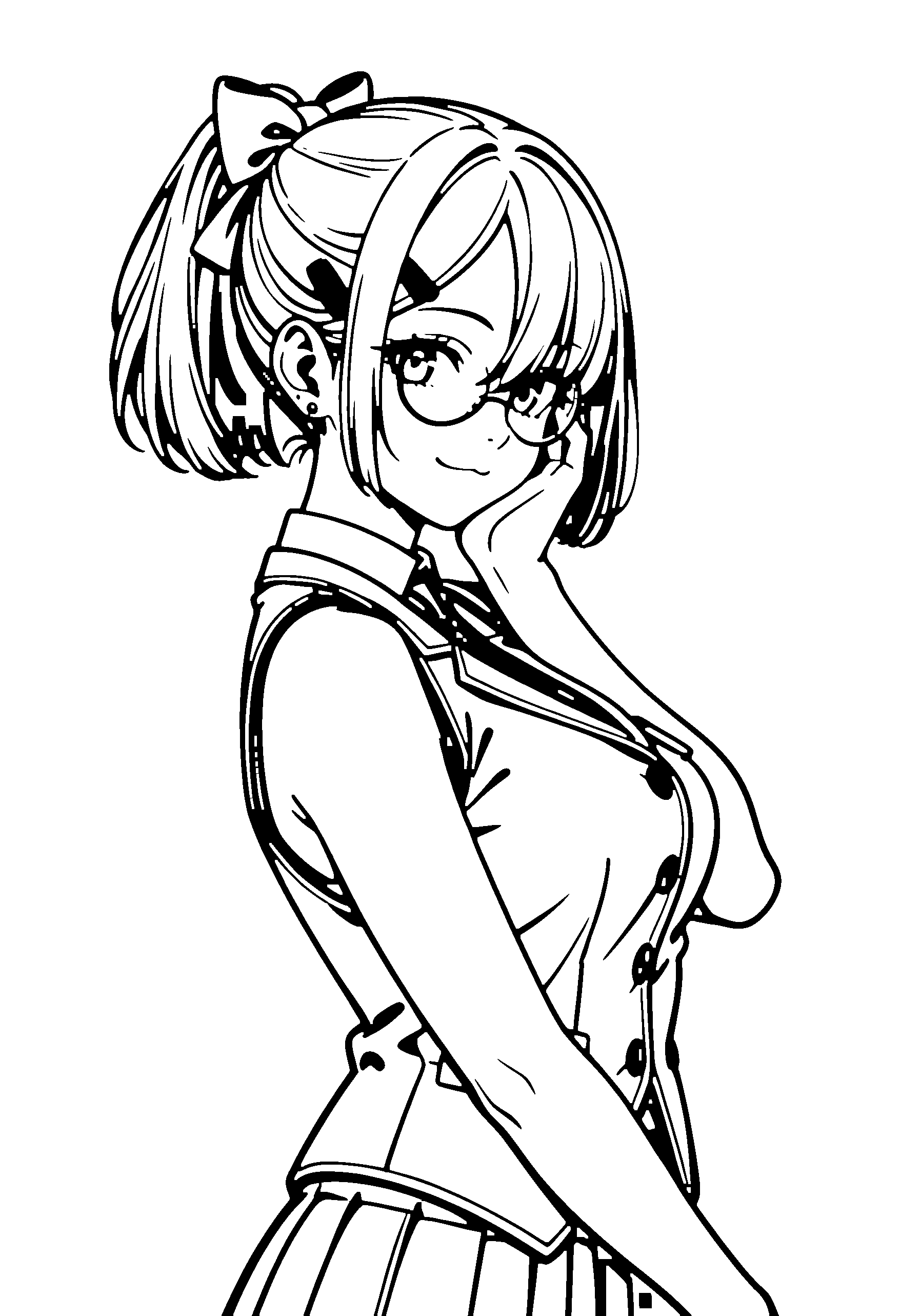 Black and white line art coloring page of an anime girl with bob cut, ponytail, vest, glasses and smiling