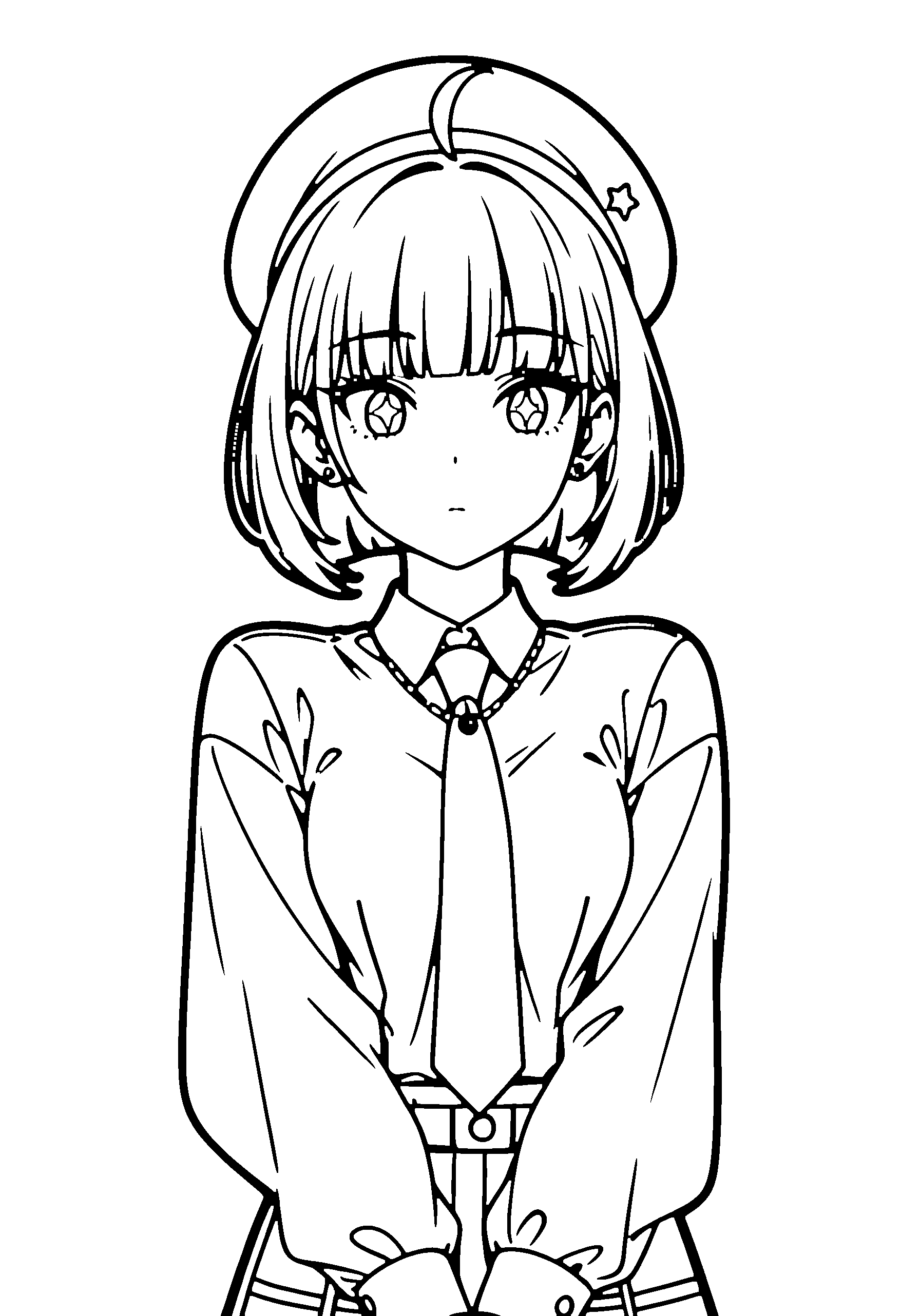 Black and white line art coloring page of an anime girl with bob cut, shirt, beret, necklace and surprised