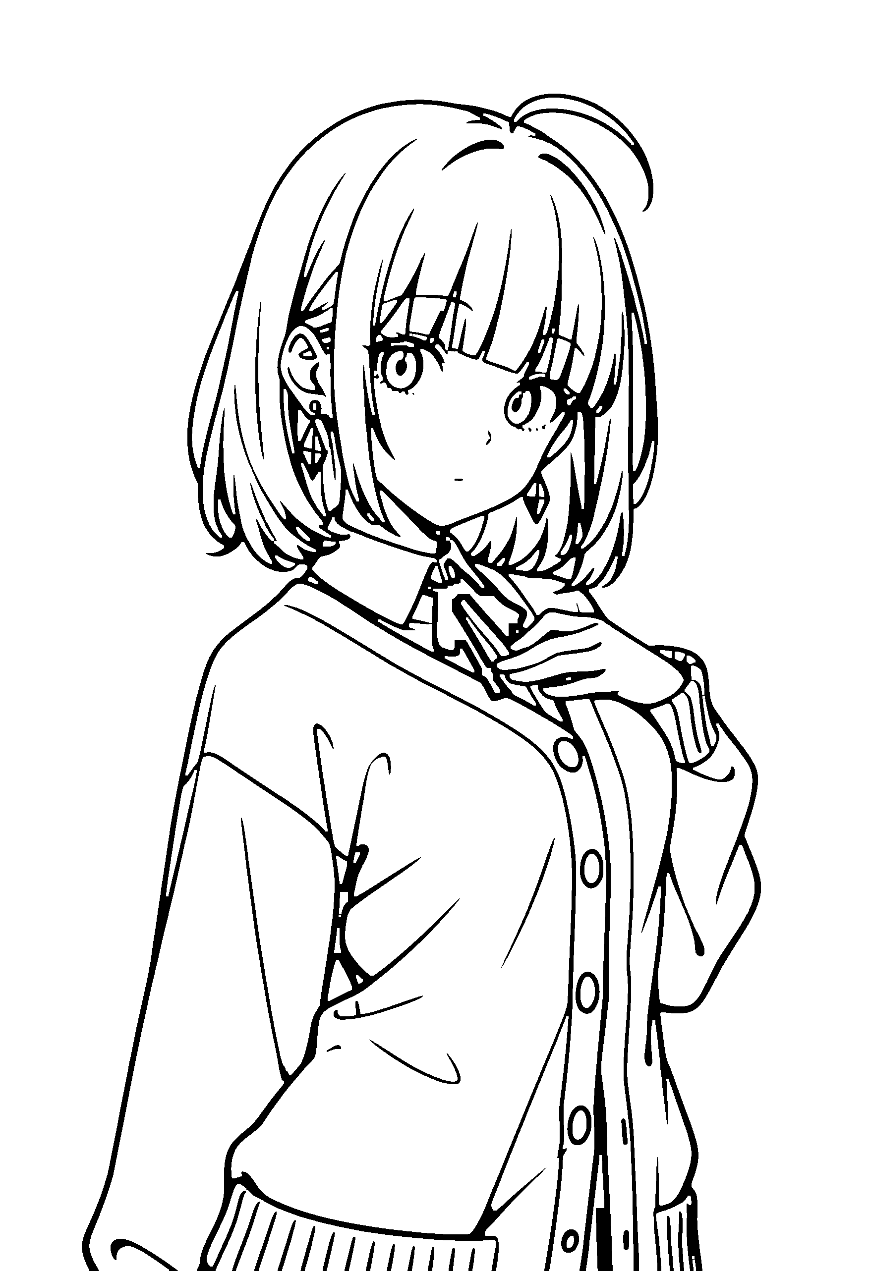 Black and white line art coloring page of an anime girl with medium hair, cardigan, ribbon and surprised