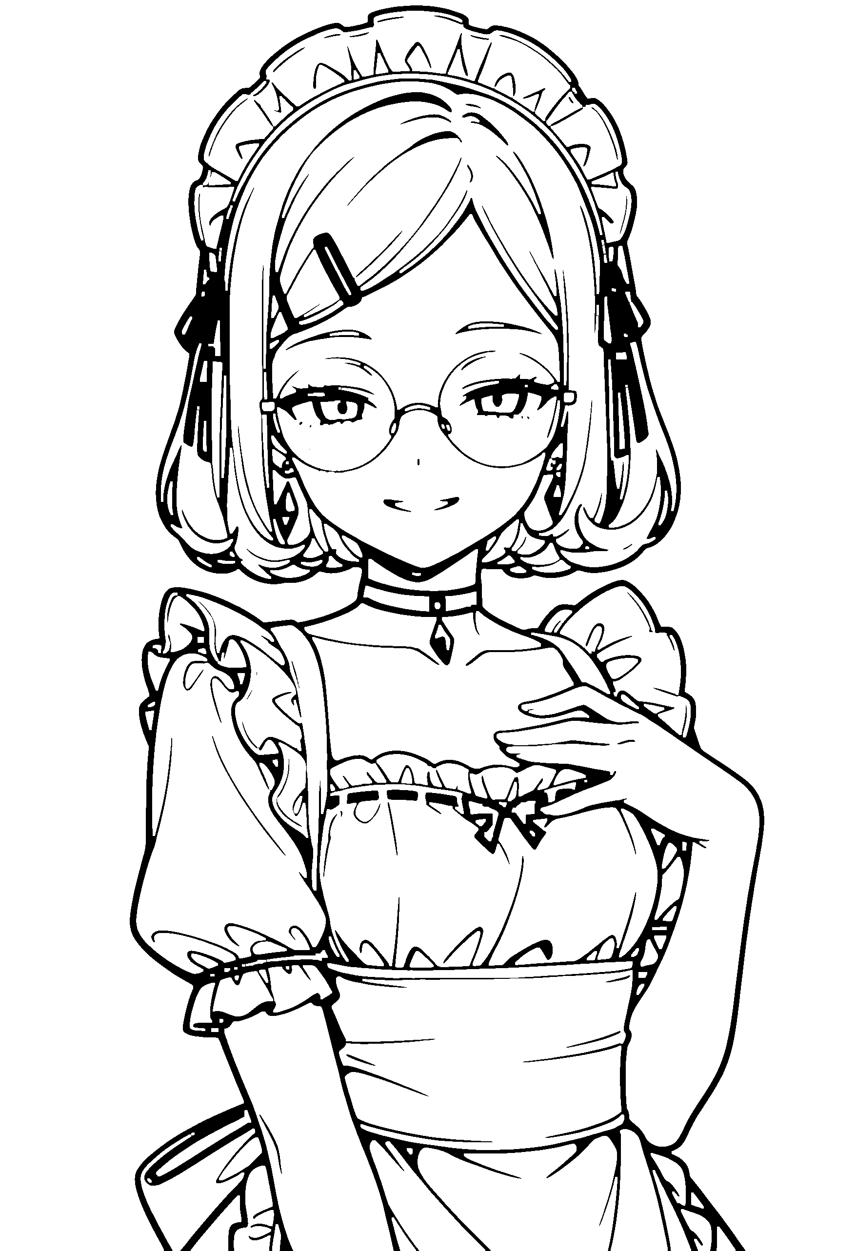 Black and white line art coloring page of an anime girl with maid outfit, bob cut, wavy hair, dress, glasses, choker and grinning