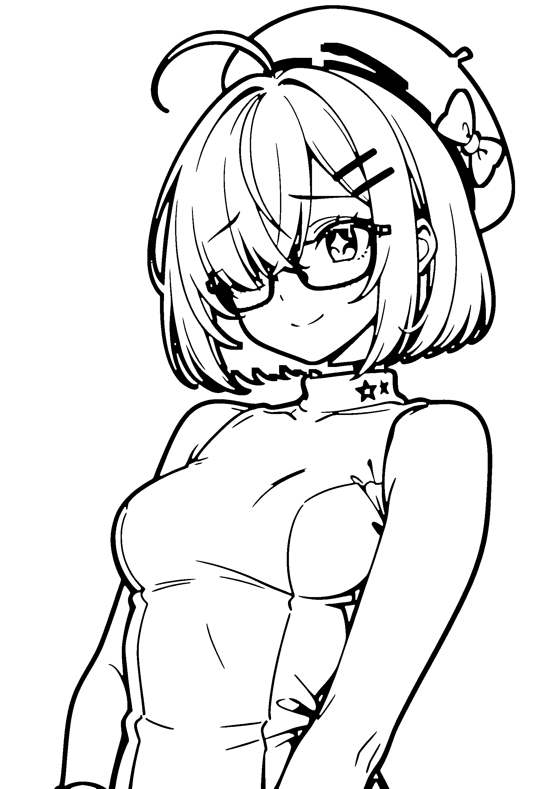 Black and white line art coloring page of an anime girl with bob cut, turtleneck, beret, glasses, choker and shy