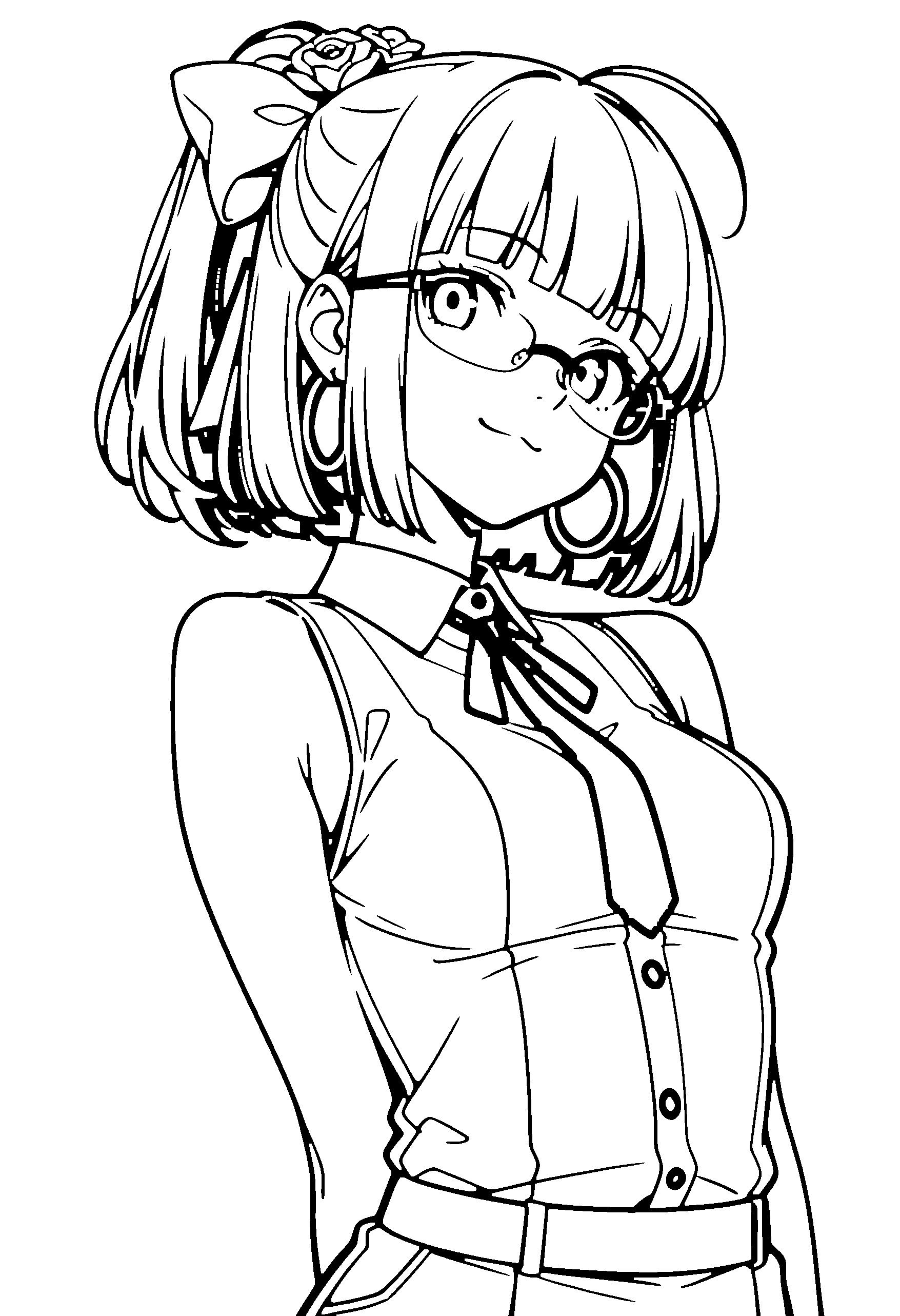 Black and white line art coloring page of an anime girl with bob cut, ponytail, collared shirt, hair flower, glasses, ribbon and smiling