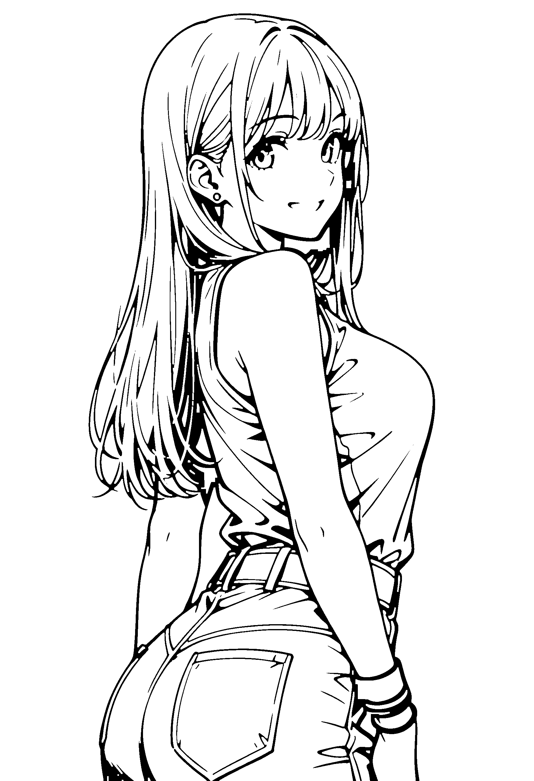 Black and white line art coloring page of an anime girl with long hair, shirt and grinning