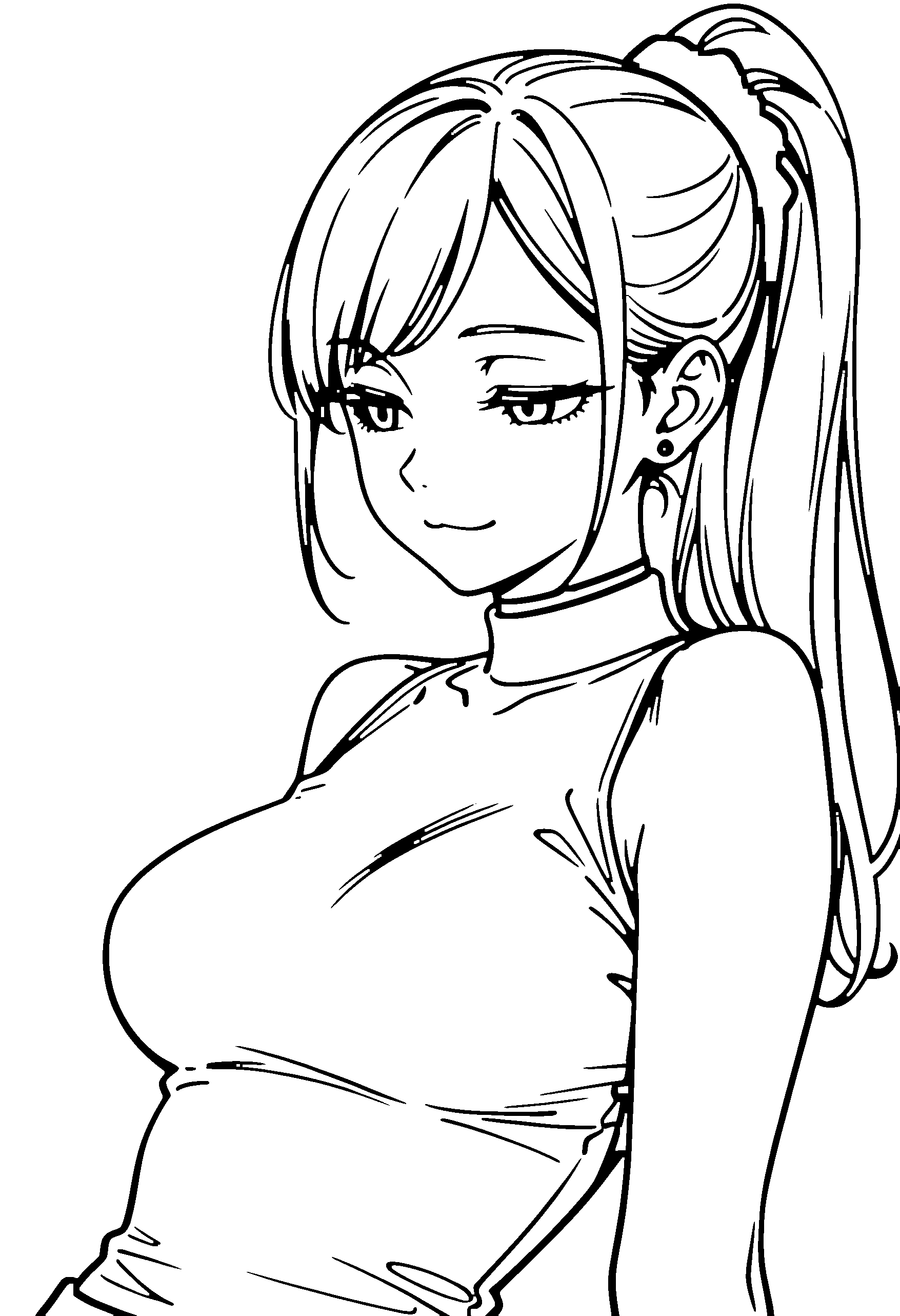 Black and white line art coloring page of an anime girl with long hair, ponytail, turtleneck, choker and smiling