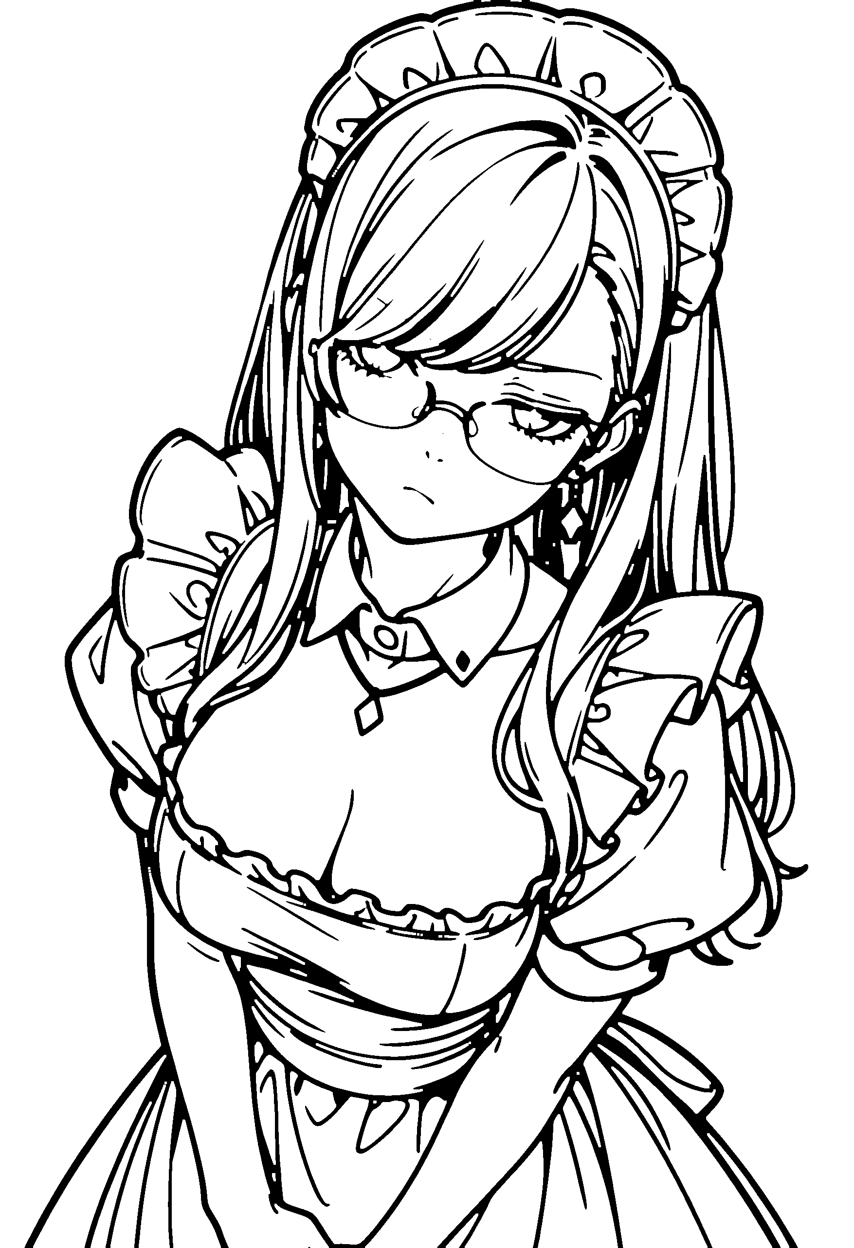 Black and white line art coloring page of an anime girl with maid outfit, long hair, dress, glasses, necklace and frowning