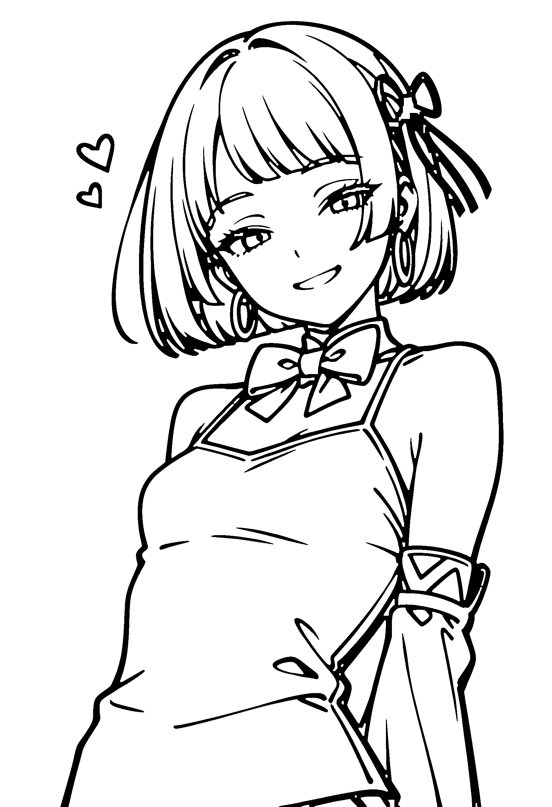 Black and white line art coloring page of an anime girl with bob cut, camisole, glasses, bow tie and grinning