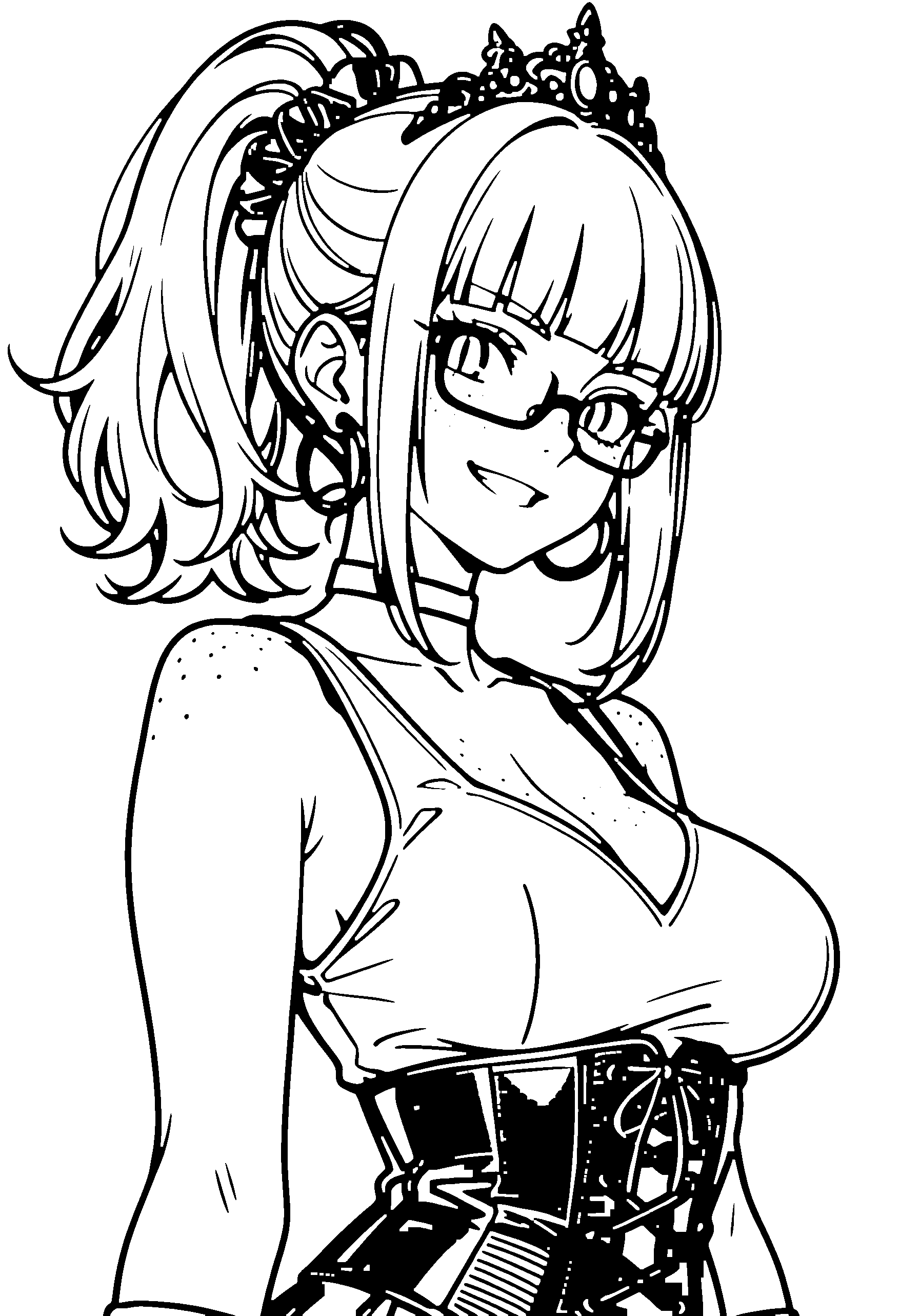 Black and white line art coloring page of an anime girl with medium hair, ponytail, corset, tiara, glasses, choker and grinning