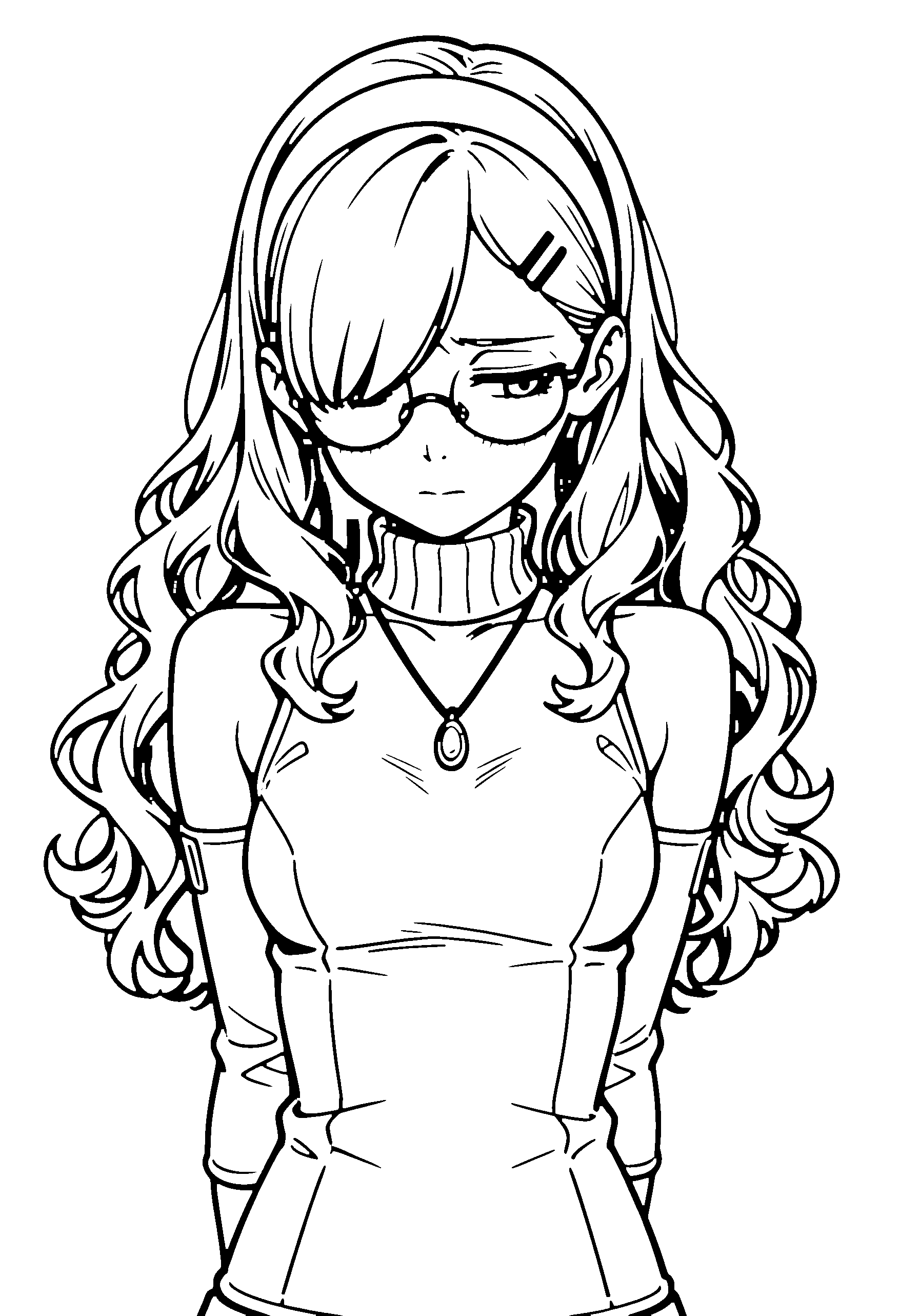 Black and white line art coloring page of an anime girl with long hair, wavy hair, turtleneck, headband, glasses, necklace and shy