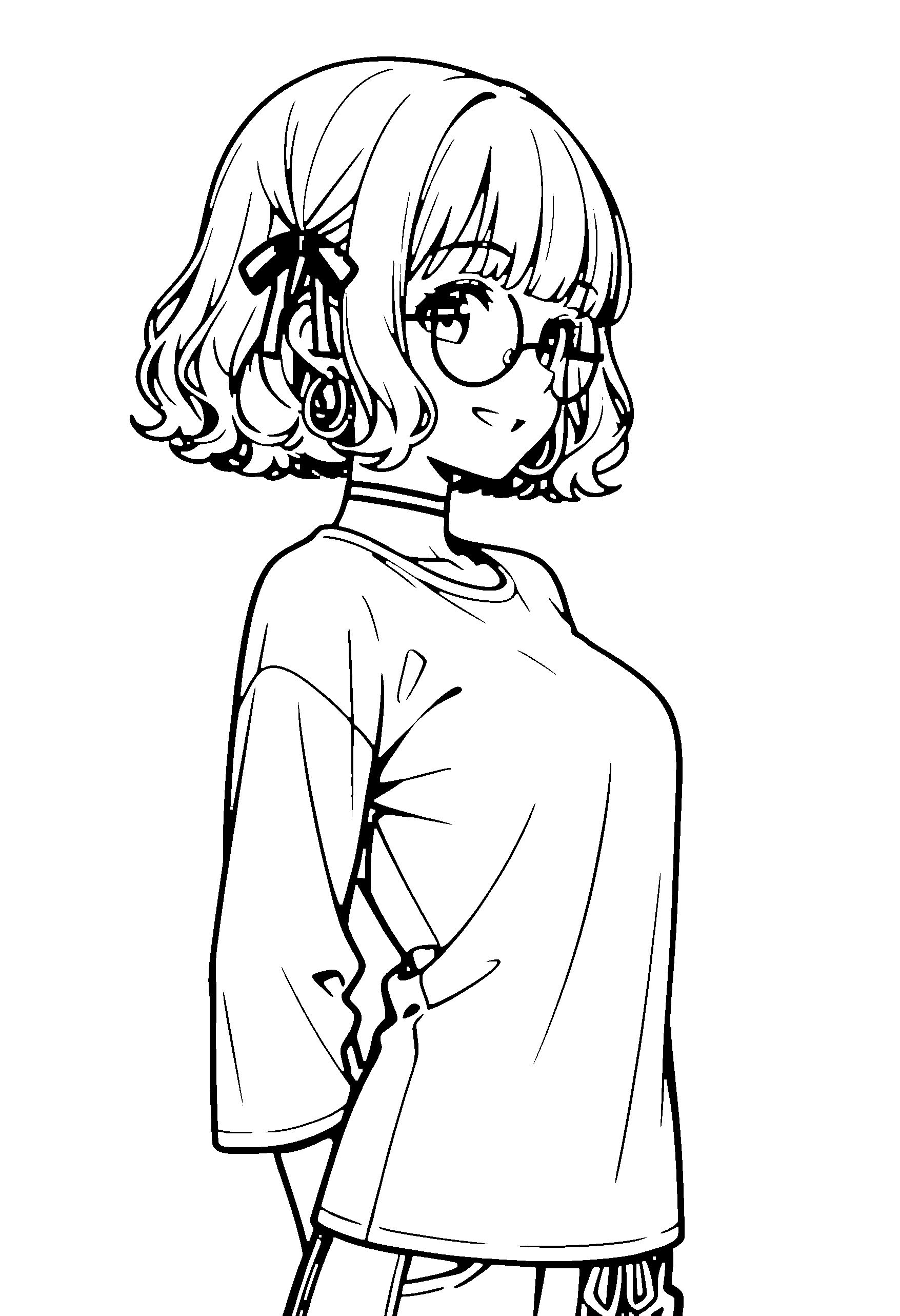 Black and white line art coloring page of an anime girl with bob cut, wavy hair, t-shirt, glasses, choker and grinning