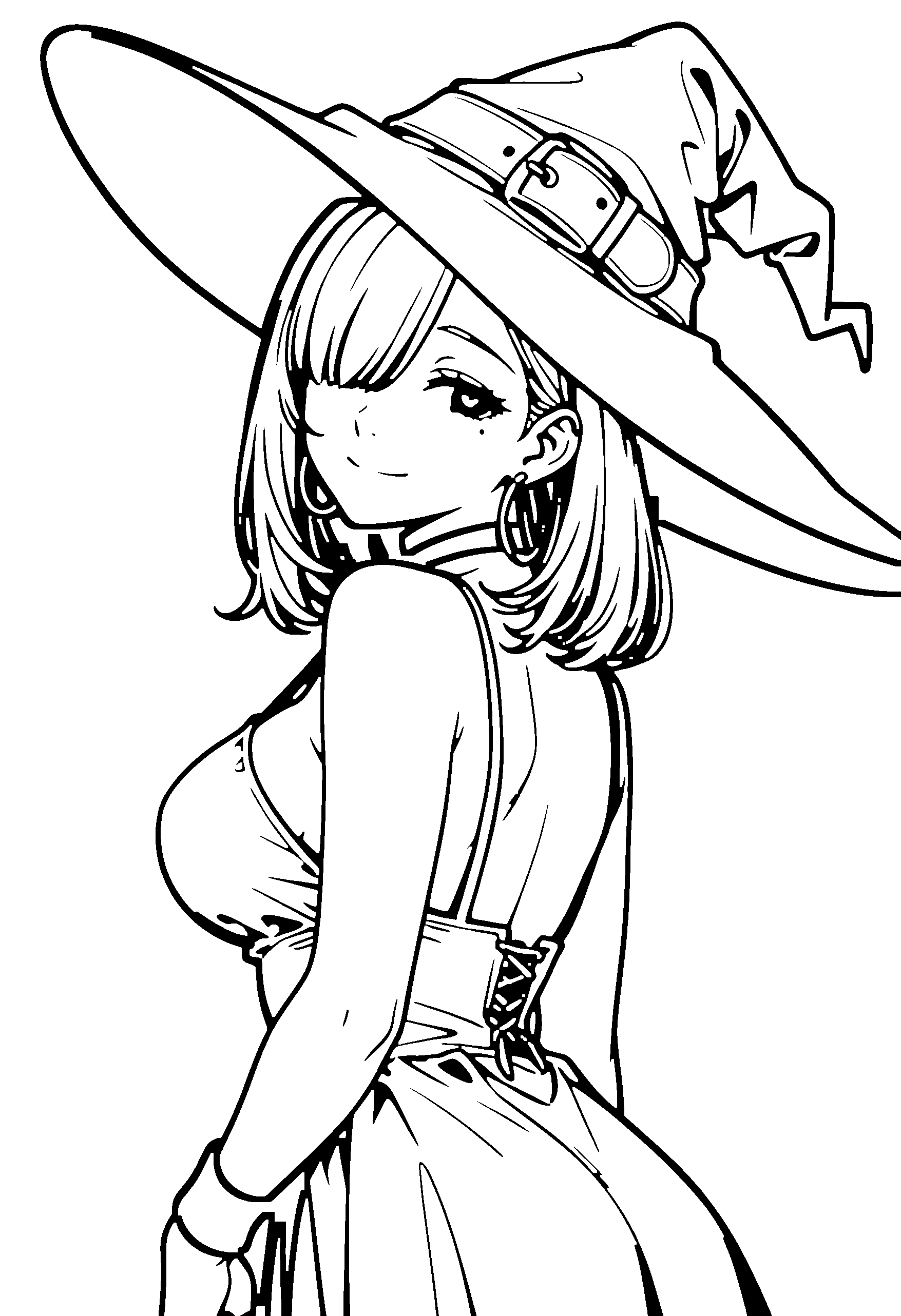 Black and white line art coloring page of an anime girl with witch outfit, medium hair, dress, choker and smiling