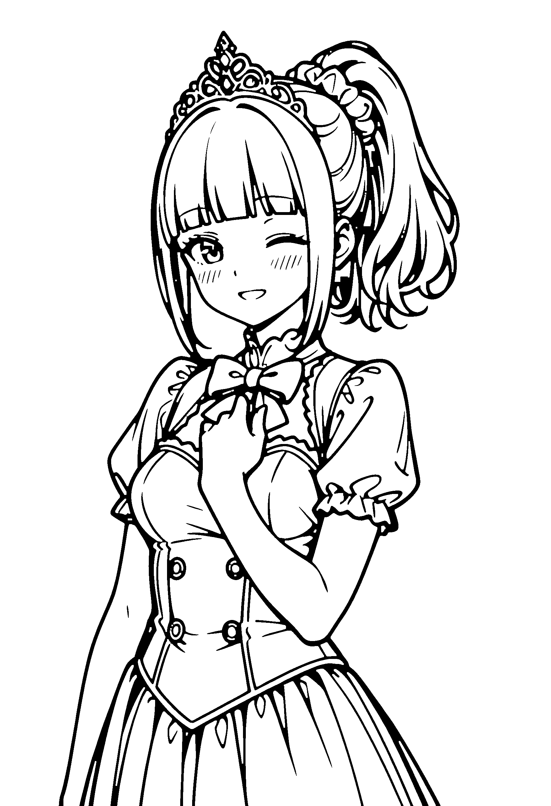 Black and white line art coloring page of an anime girl with princess dress, medium hair, ponytail, dress, tiara, bow tie and smiling