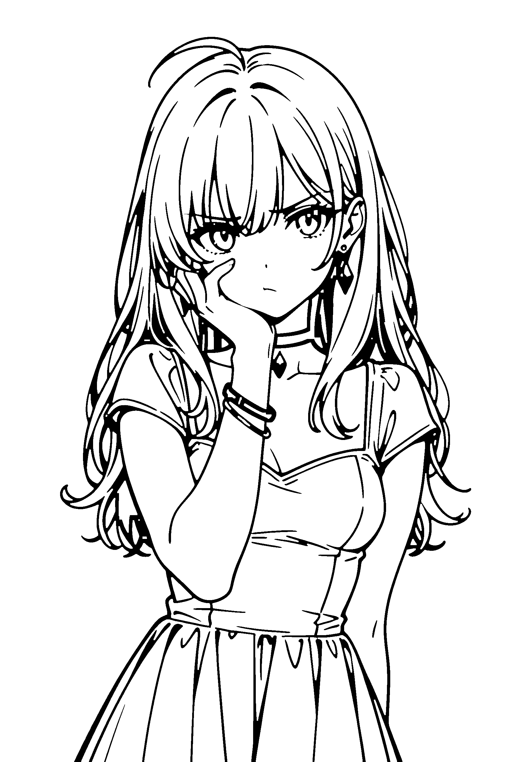 Black and white line art coloring page of an anime girl with long hair, dress, choker and frowning