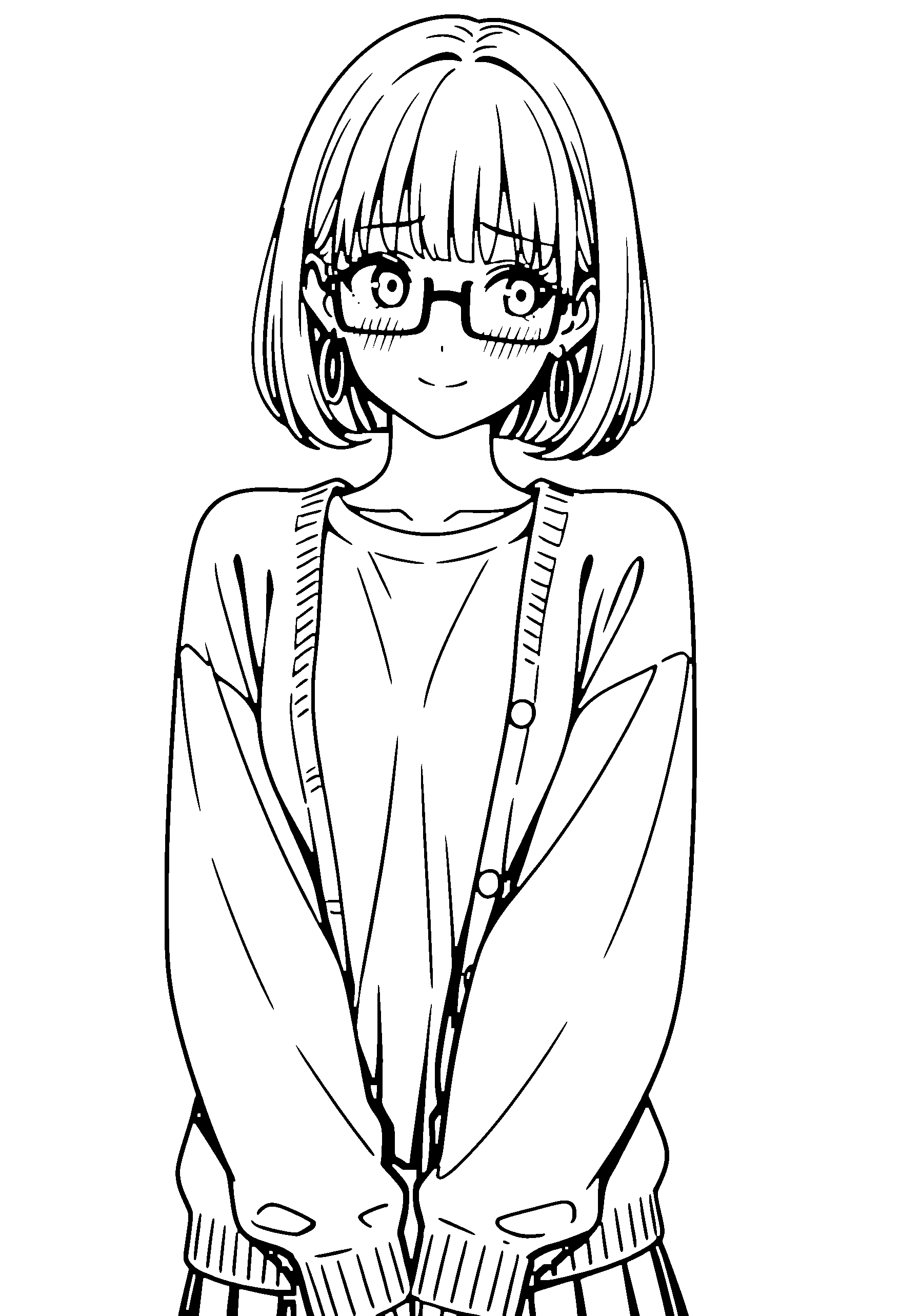 Black and white line art coloring page of an anime girl with bob cut, cardigan, glasses and shy