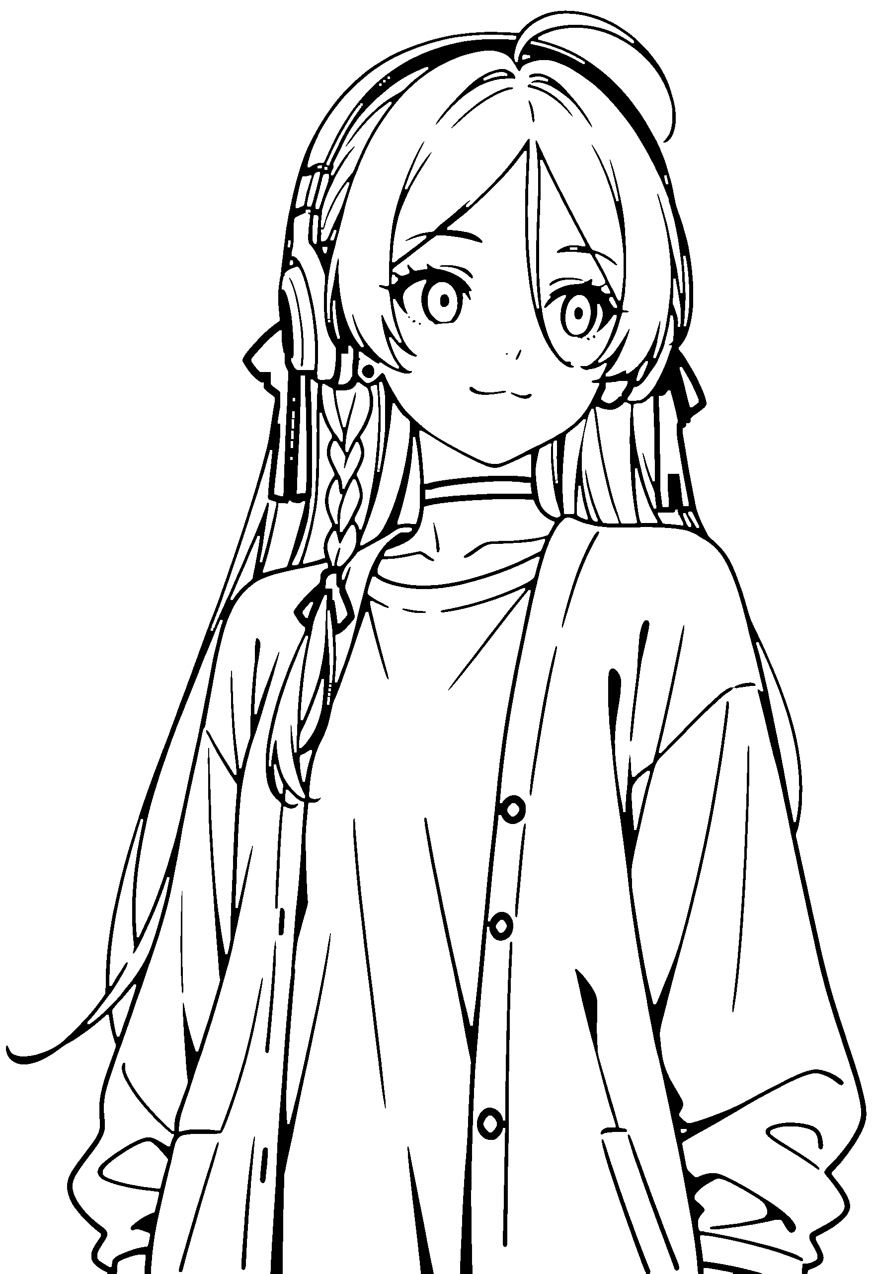 Black and white line art coloring page of an anime girl with long hair, braid, cardigan, headphones, choker and smiling