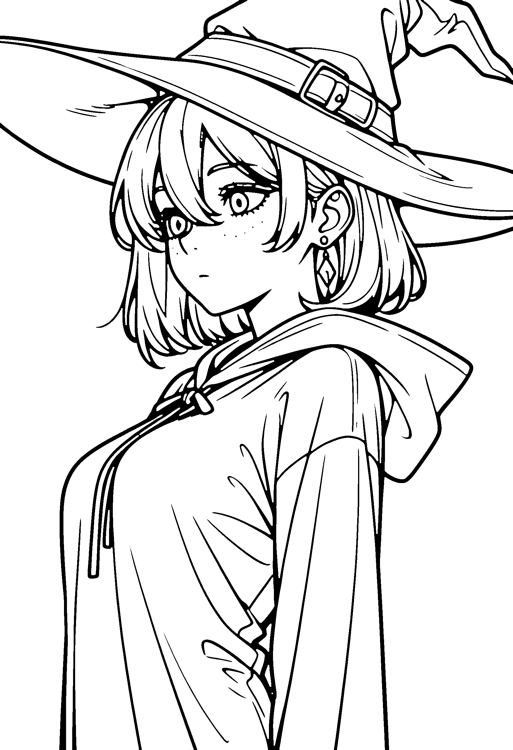 Black and white line art coloring page of an anime girl with witch outfit, medium hair, robe and surprised