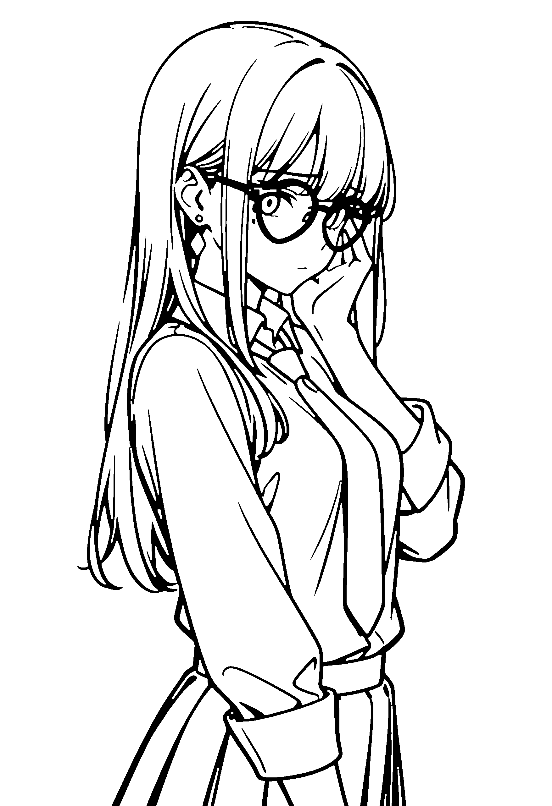 Black and white line art coloring page of an anime girl with long hair, shirt, glasses and shy