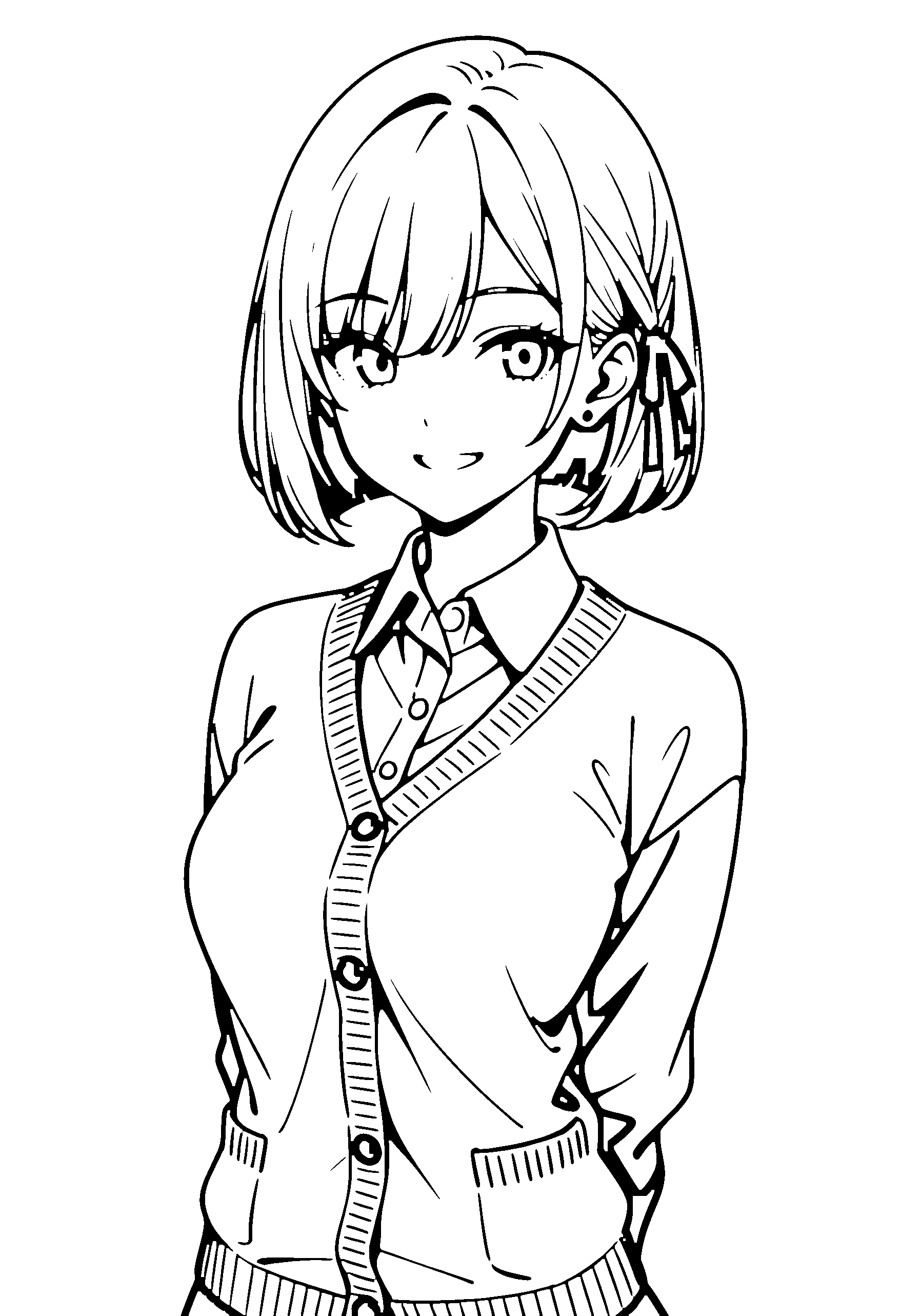 Black and white line art coloring page of an anime girl with bob cut, collared shirt and grinning