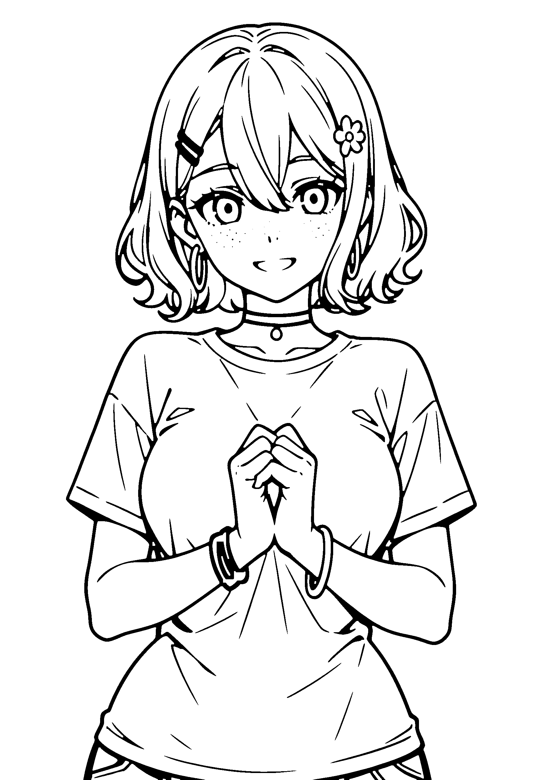Black and white line art coloring page of an anime girl with bob cut, wavy hair, t-shirt, hair flower, choker and grinning