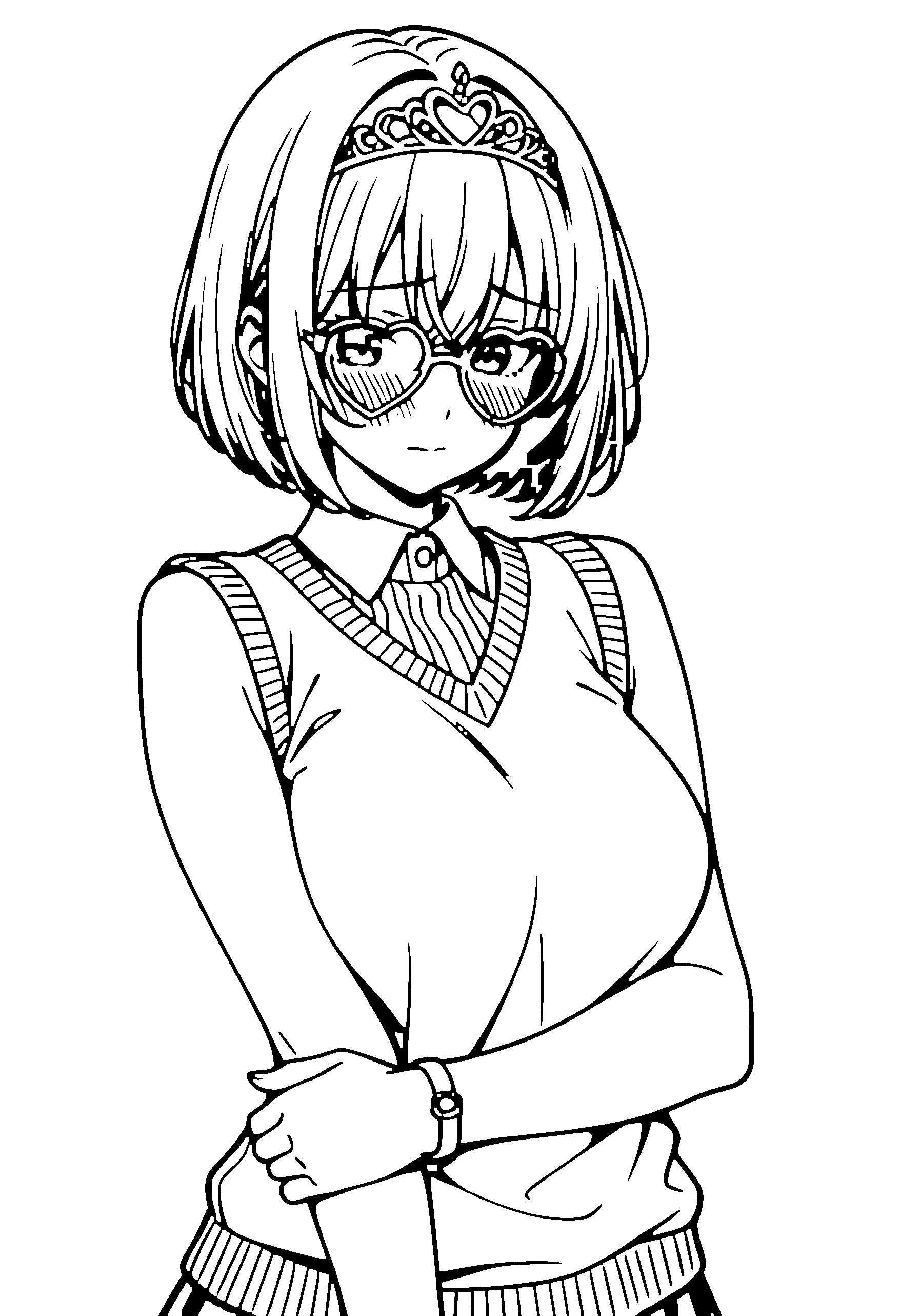 Black and white line art coloring page of an anime girl with bob cut, sweater vest, tiara, glasses and shy