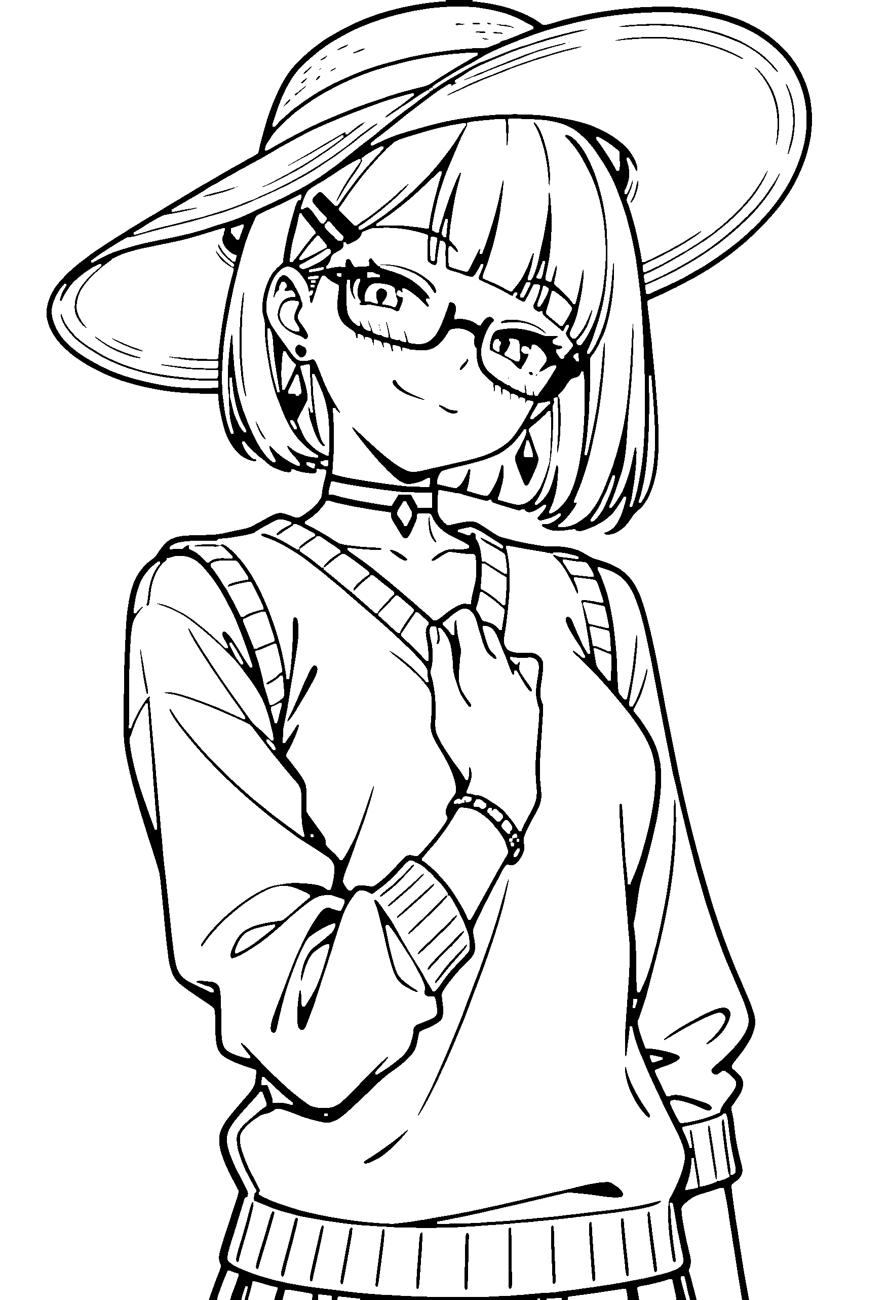 Black and white line art coloring page of an anime girl with bob cut, sweater vest, sun hat, glasses, choker and smiling