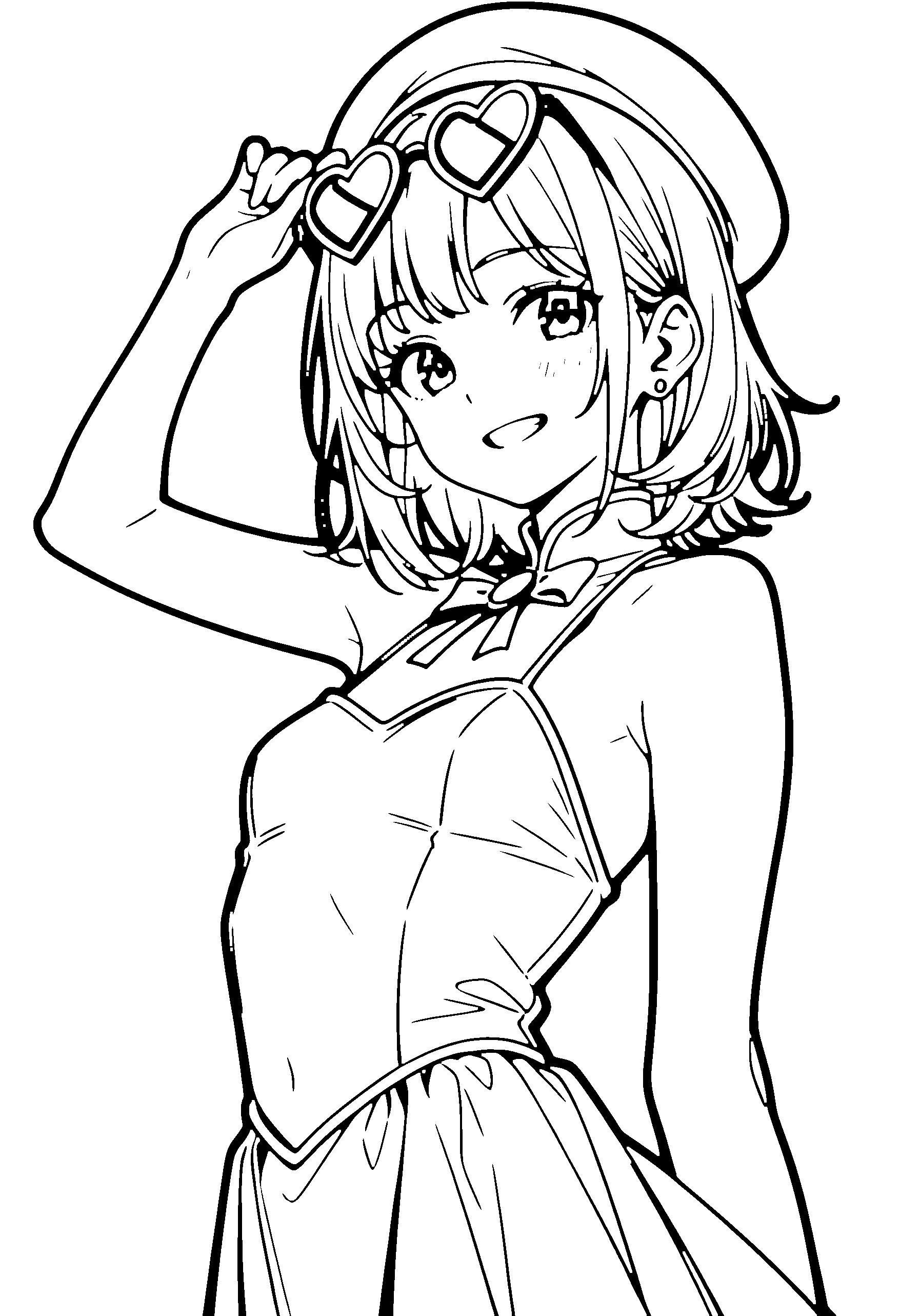 Black and white line art coloring page of an anime girl with medium hair, dress, beret, glasses and grinning