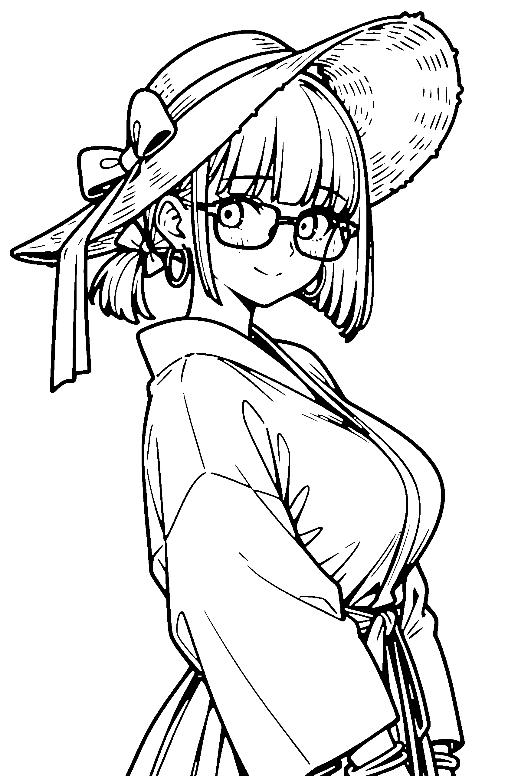Black and white line art coloring page of an anime girl with bob cut, ponytail, robe, sun hat, glasses and shy