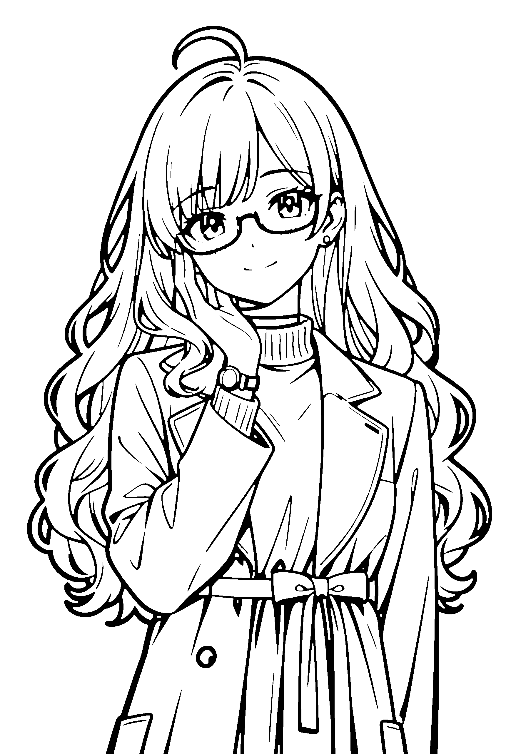 Black and white line art coloring page of an anime girl with long hair, wavy hair, coat, glasses, choker and smiling