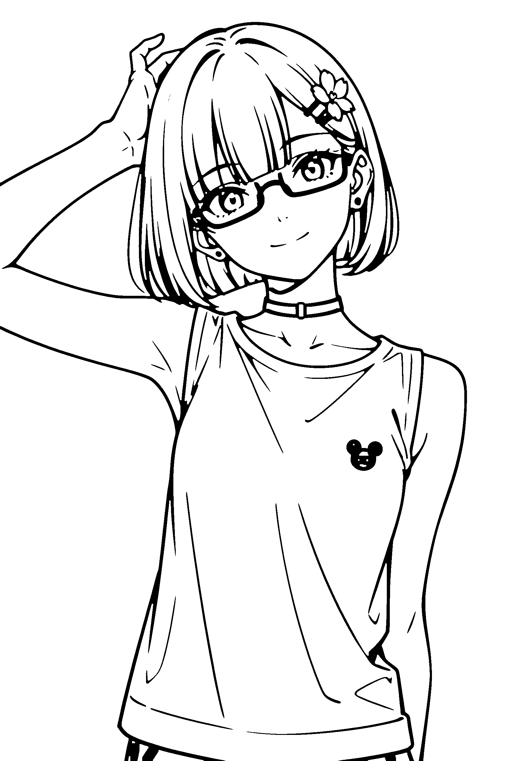 Black and white line art coloring page of an anime girl with bob cut, t-shirt, hair flower, glasses, choker and smiling