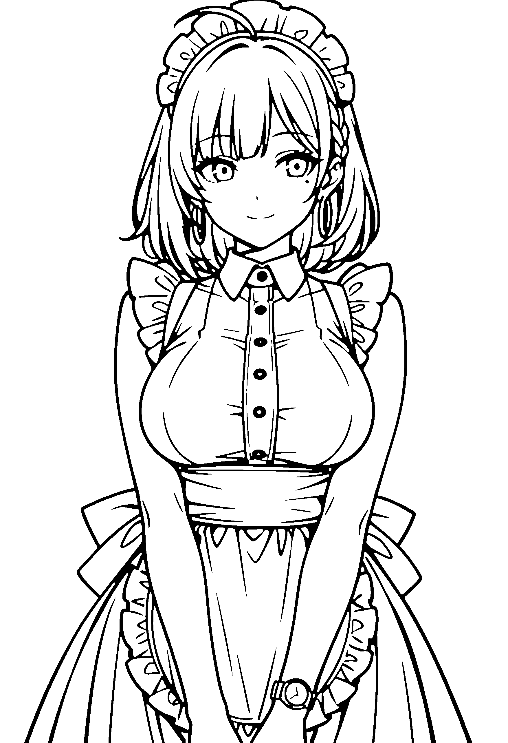 Black and white line art coloring page of an anime girl with maid outfit, medium hair, braid, dress and smiling