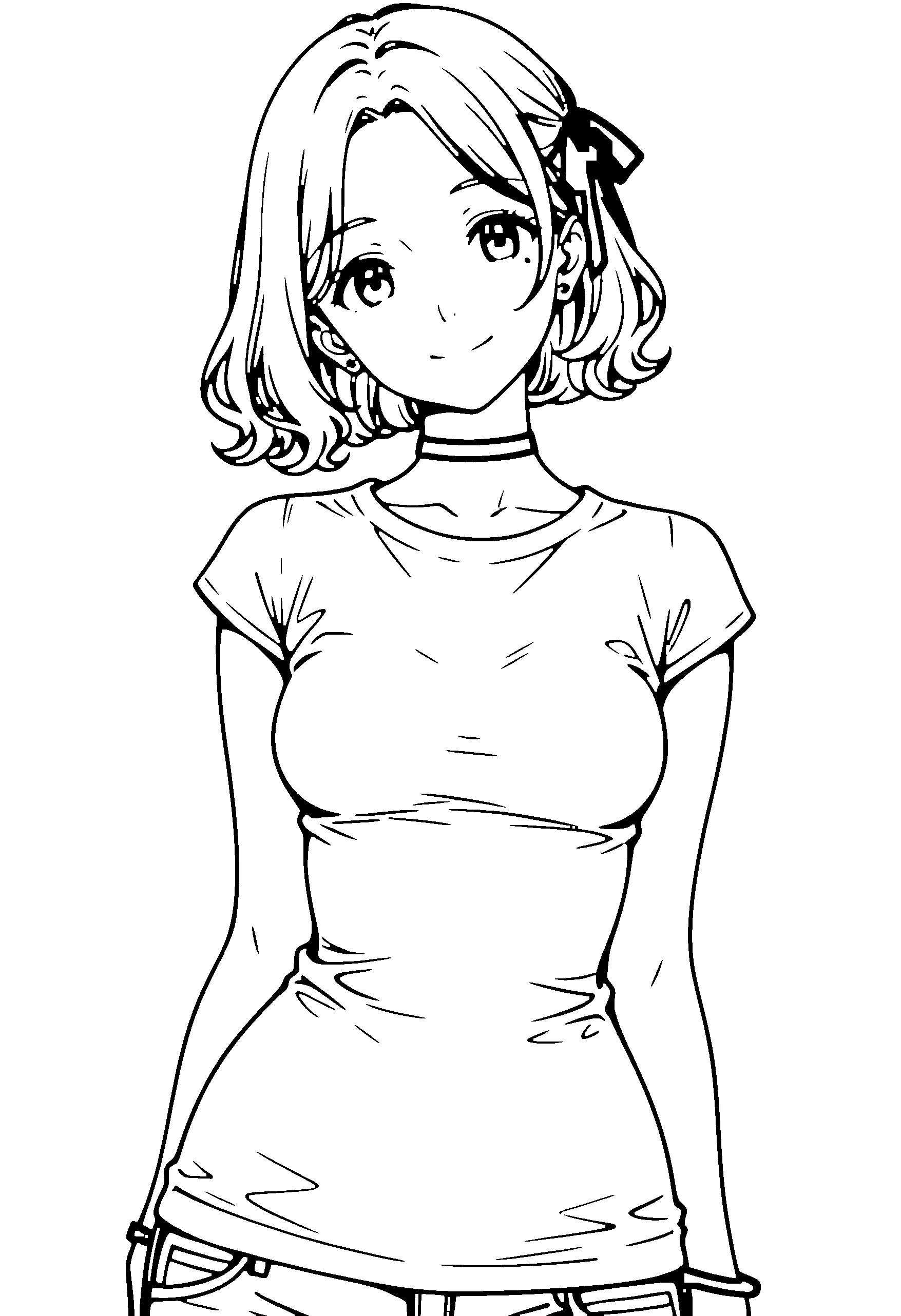 Black and white line art coloring page of an anime girl with bob cut, wavy hair, t-shirt, choker and smiling
