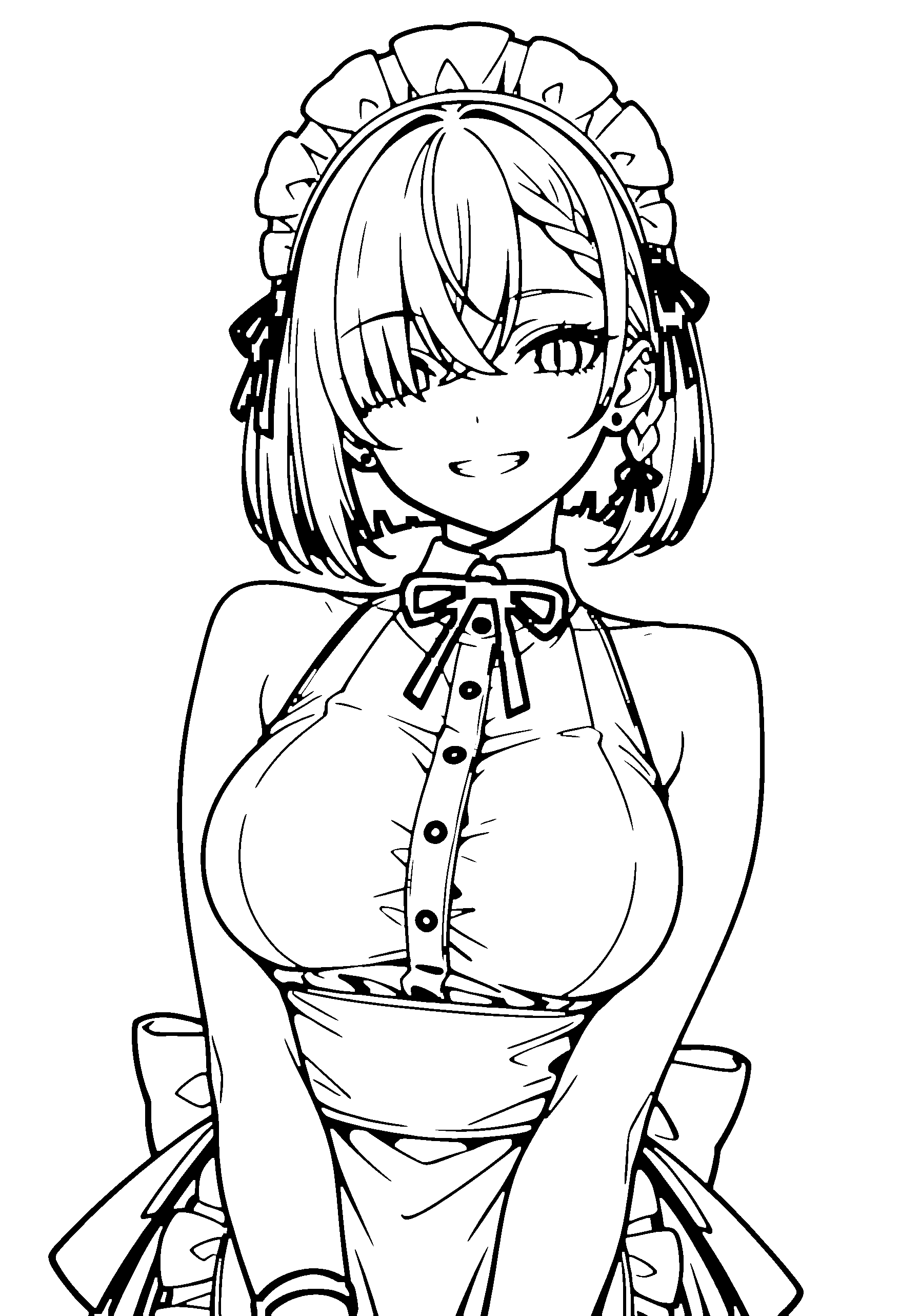 Black and white line art coloring page of an anime girl with maid outfit, bob cut, braid, dress and grinning