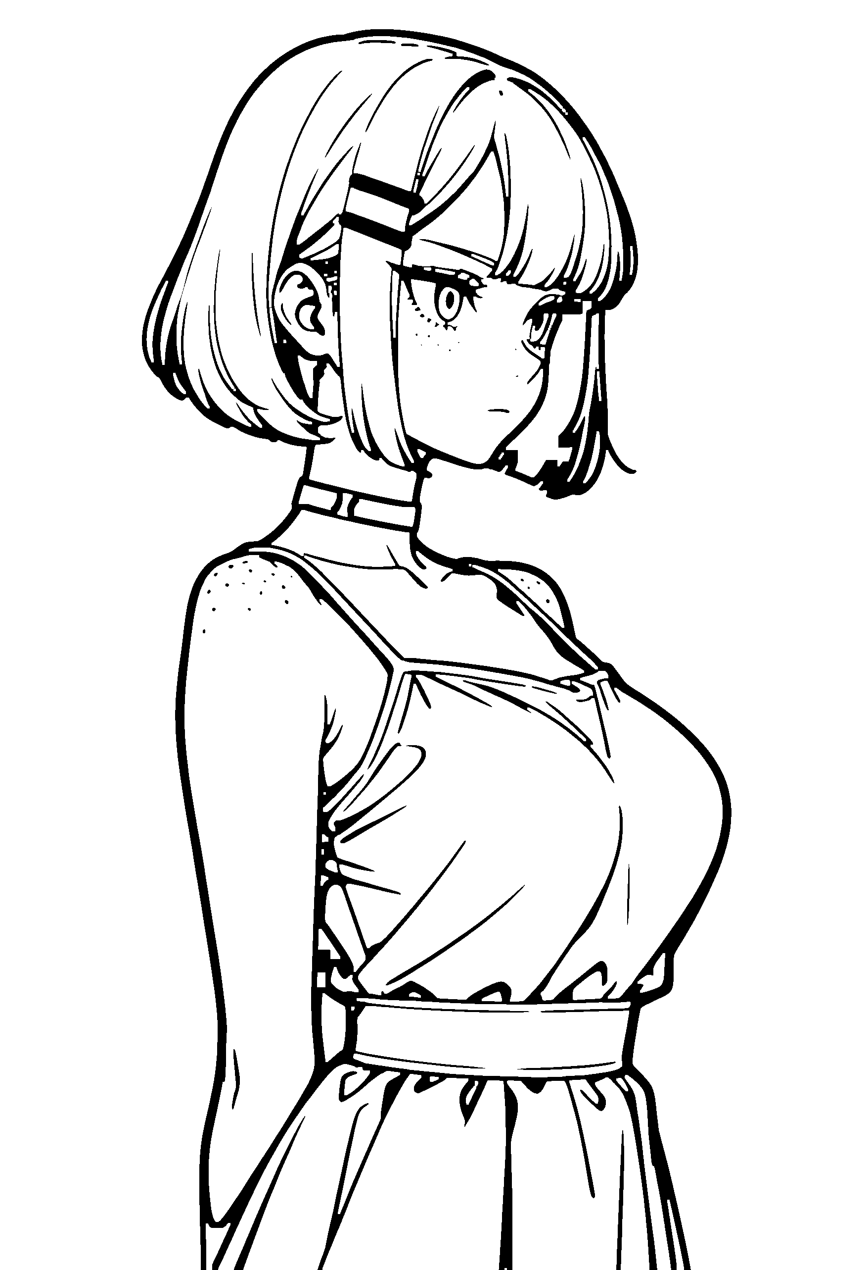 Black and white line art coloring page of an anime girl with bob cut, dress, choker and serious